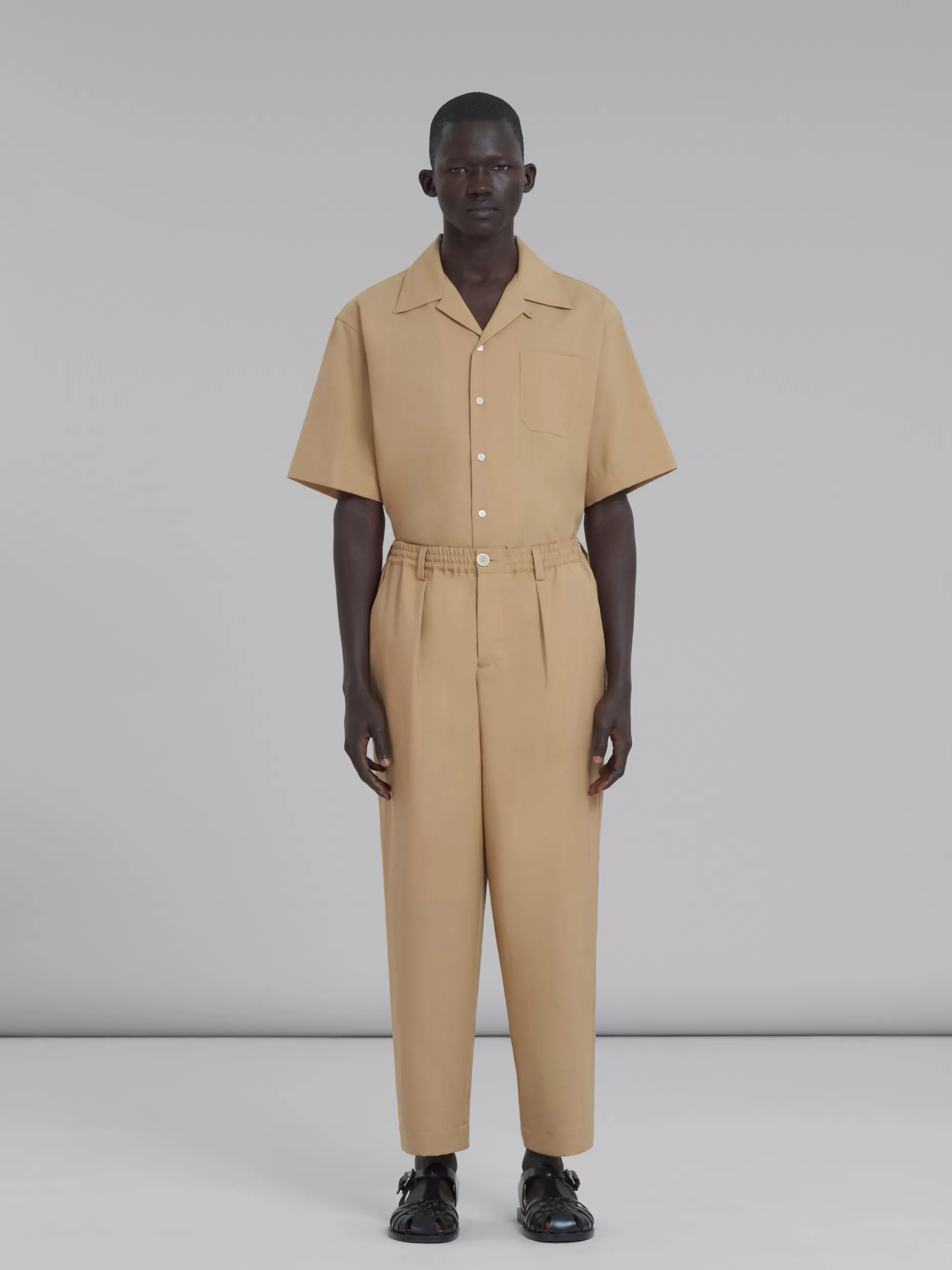 Men Marni Beige Cropped Trousers In Tropical Wool