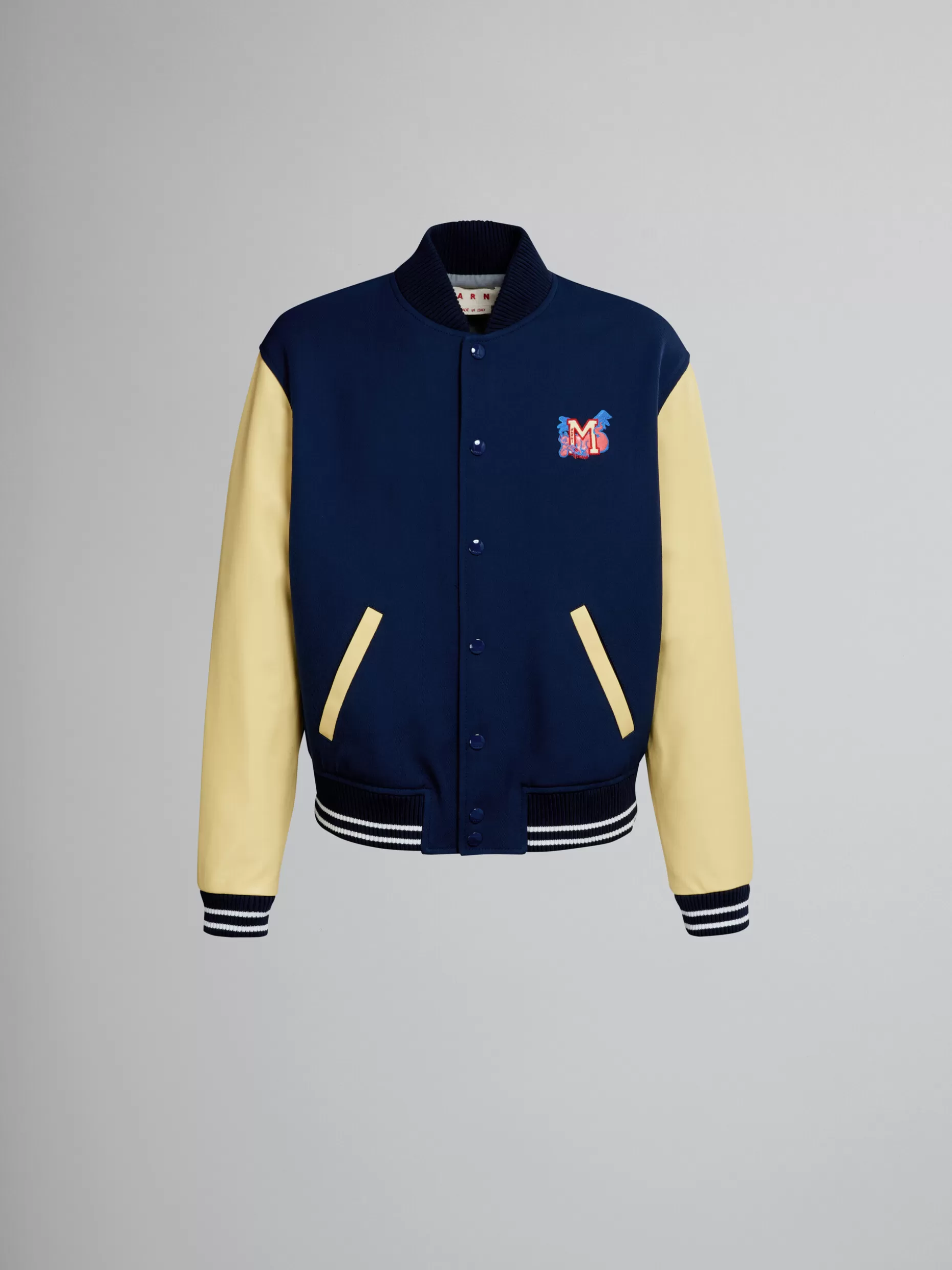 Men Marni Blue Cavalry Wool Varsity Jacket With Leather Sleeves