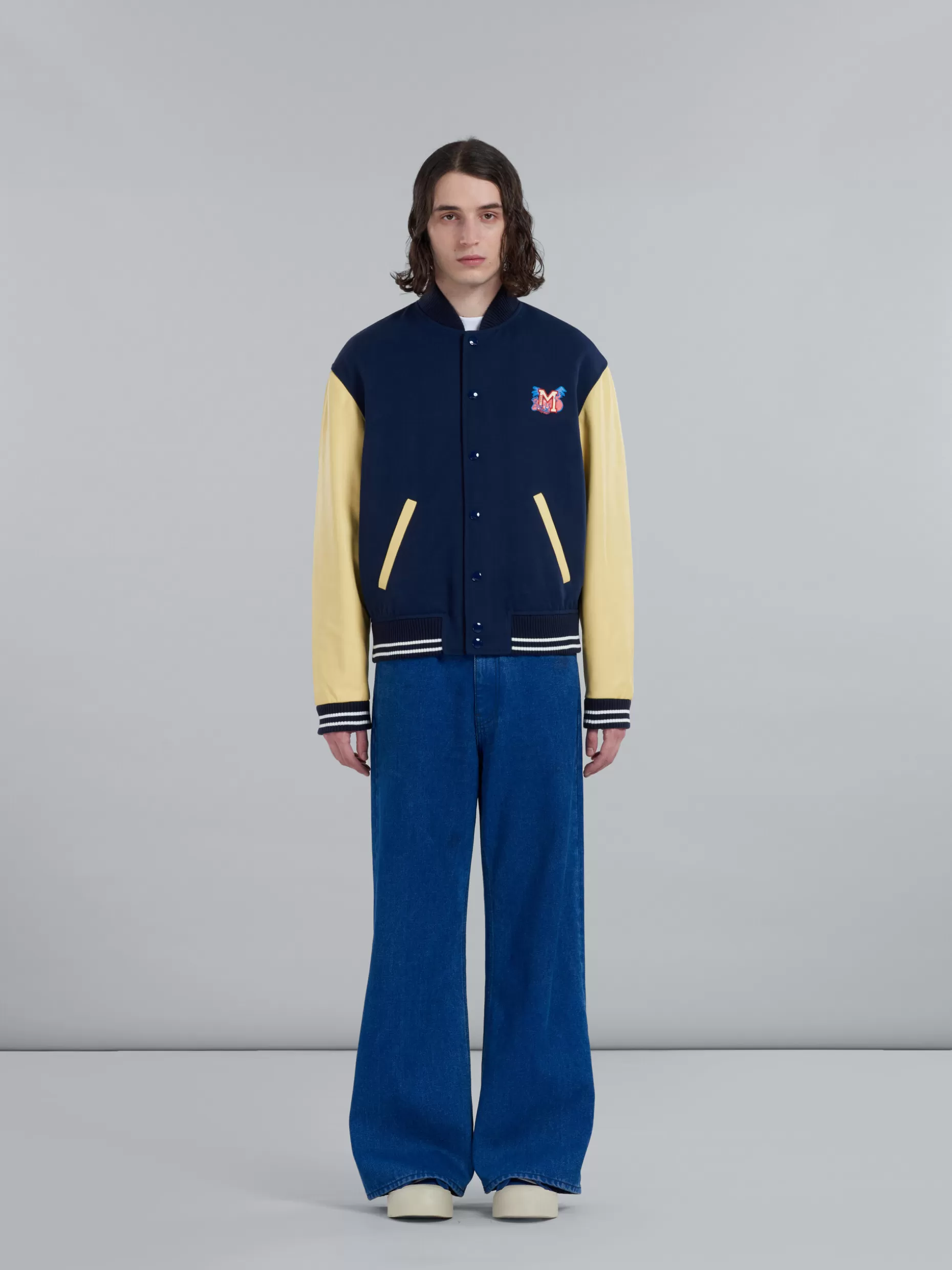 Men Marni Blue Cavalry Wool Varsity Jacket With Leather Sleeves