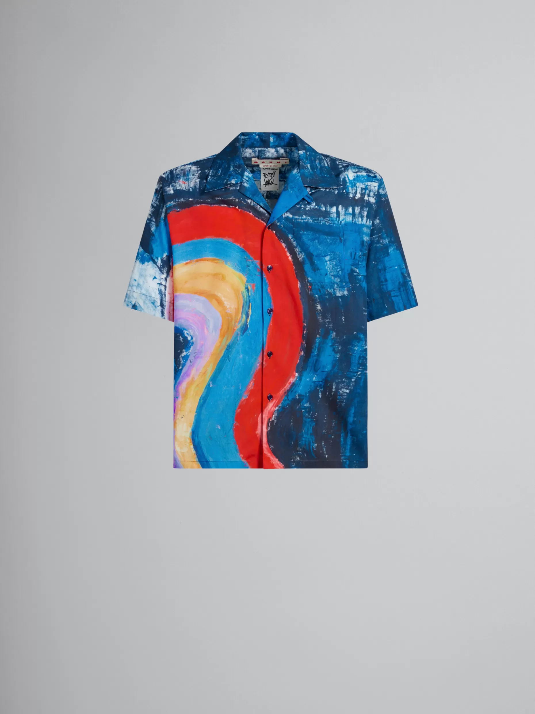 Men Marni Blue Cotton Bowling Shirt With Rainbow Print