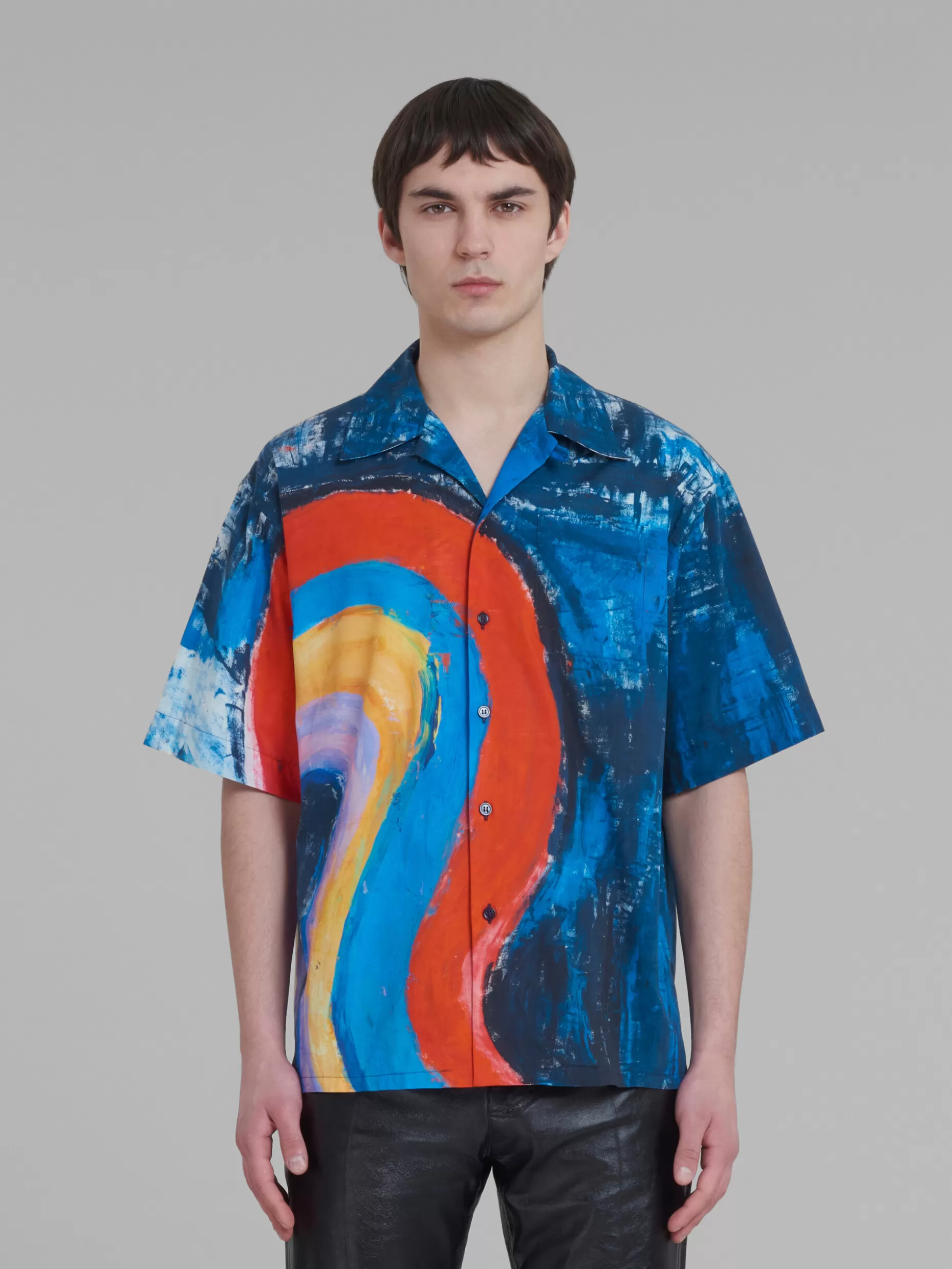 Men Marni Blue Cotton Bowling Shirt With Rainbow Print