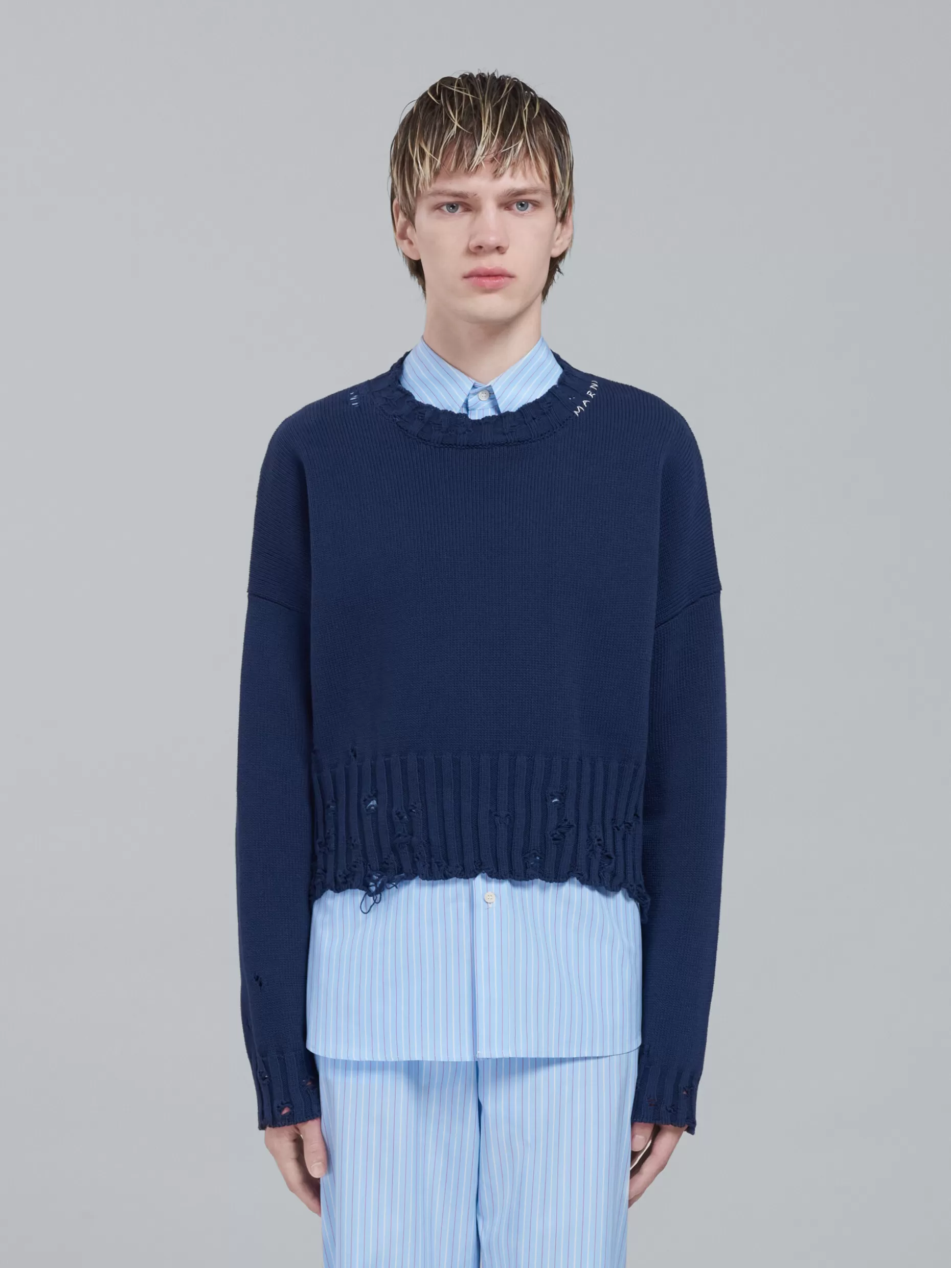 Men Marni Blue Cotton Crewneck Sweater