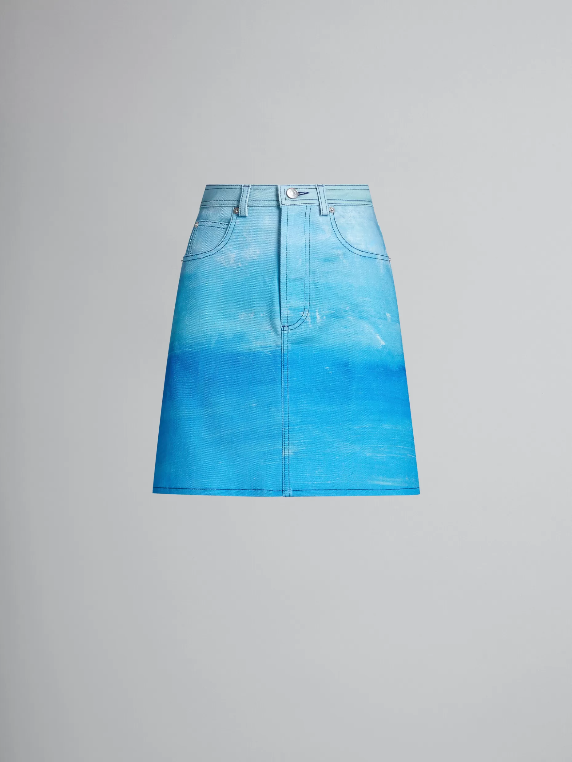 Women Marni Blue Cotton Drill A-Line Skirt With Notte Giorno Print