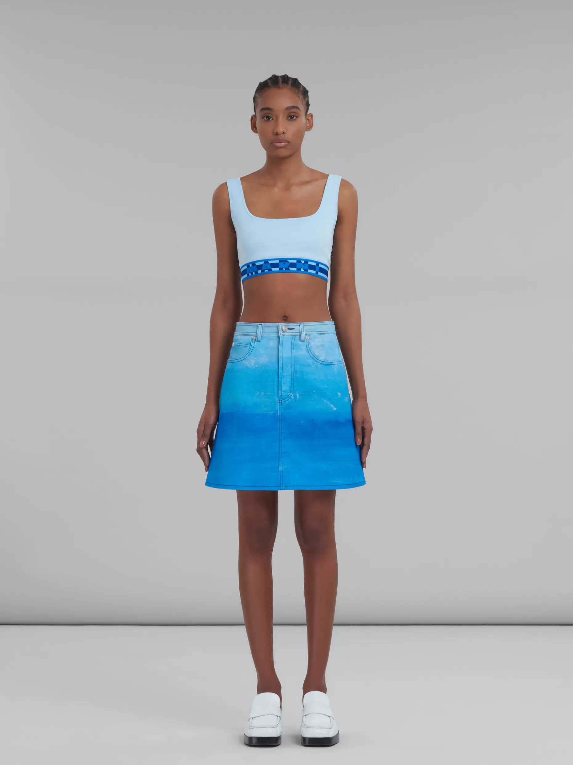 Women Marni Blue Cotton Drill A-Line Skirt With Notte Giorno Print