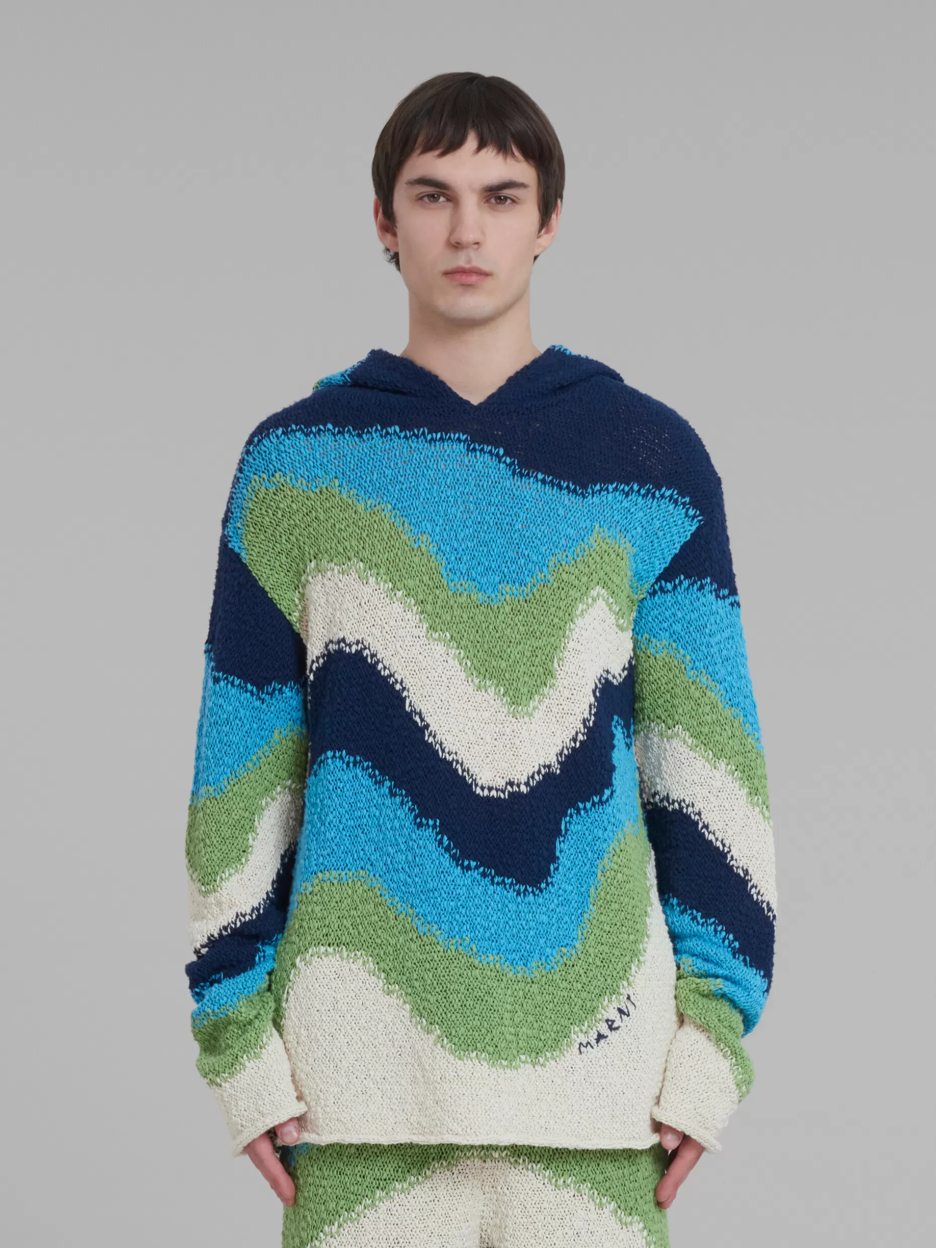 Men Marni Blue Cotton Jumper With Hood