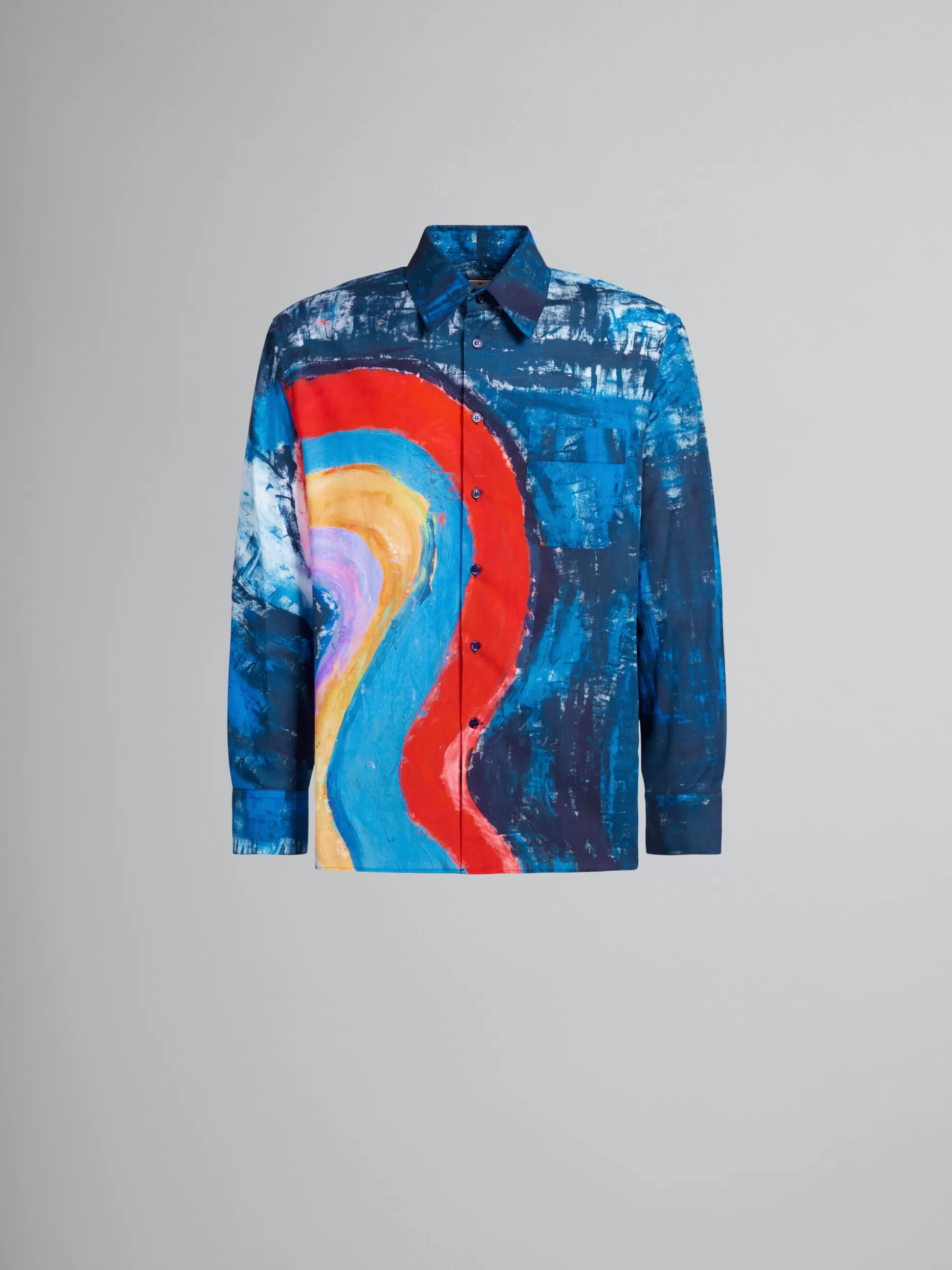 Men Marni Blue Cotton Shirt With Rainbow Print