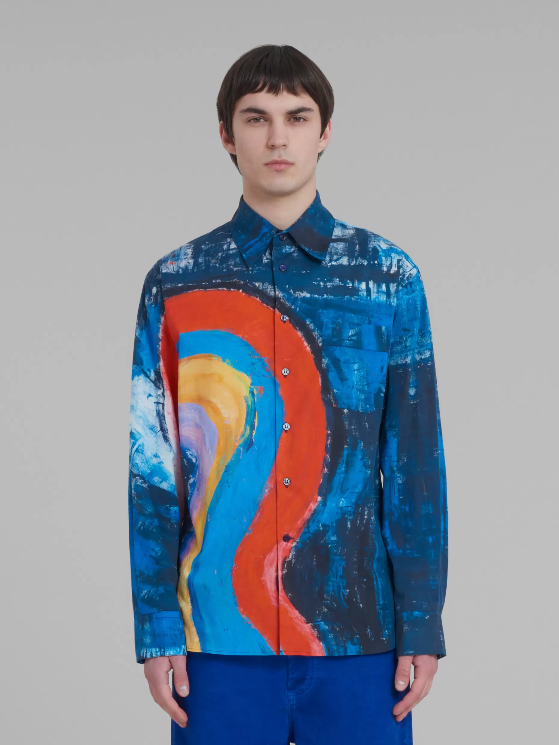 Men Marni Blue Cotton Shirt With Rainbow Print