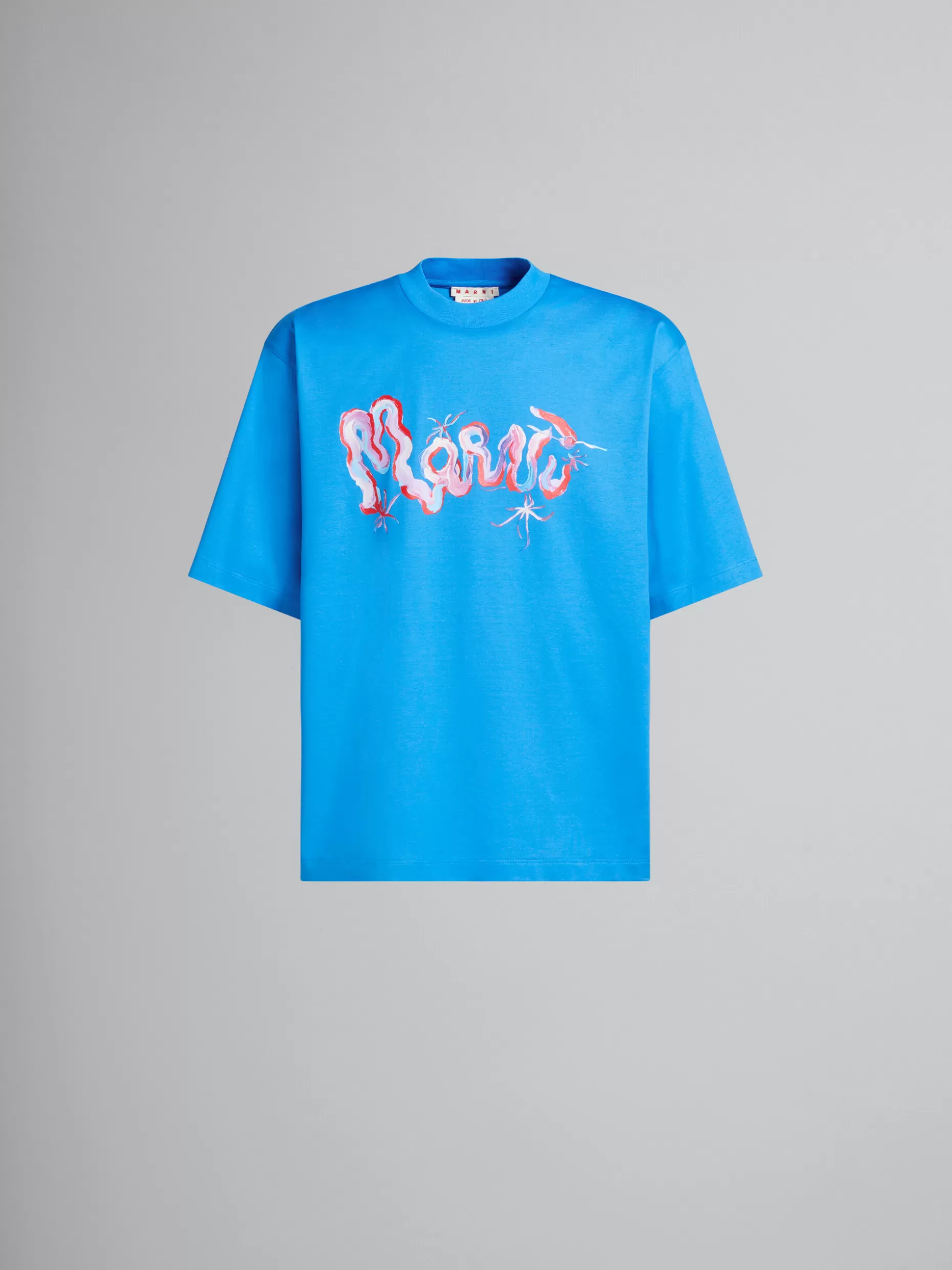 Men Marni Blue Cotton T-Shirt With Whirl Print