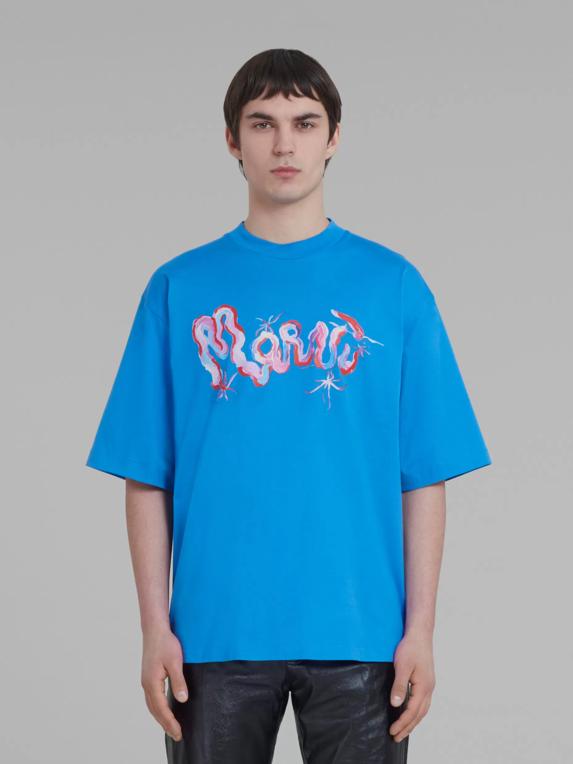 Men Marni Blue Cotton T-Shirt With Whirl Print