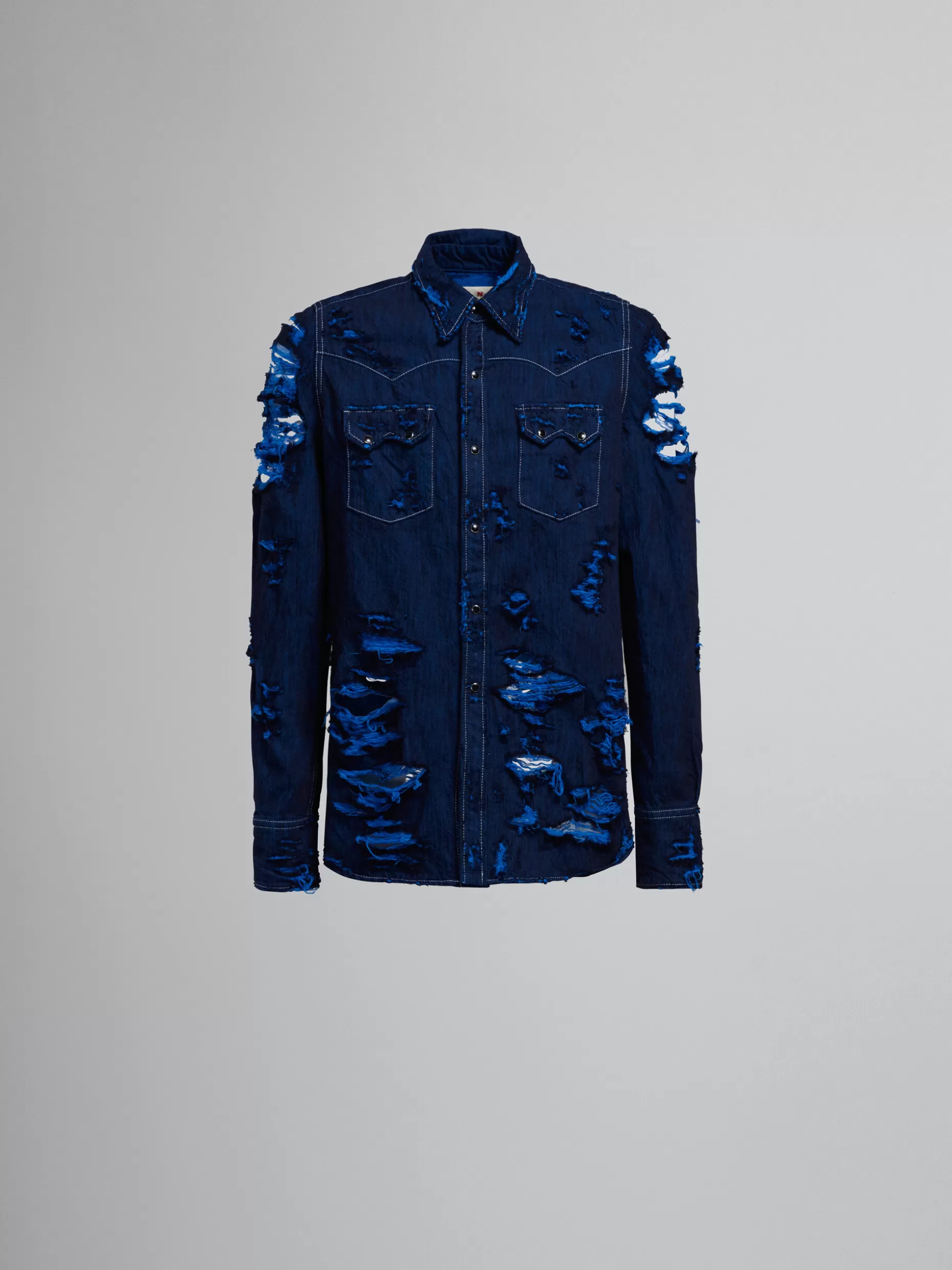 Men Marni Blue Denim Shirt With Rips