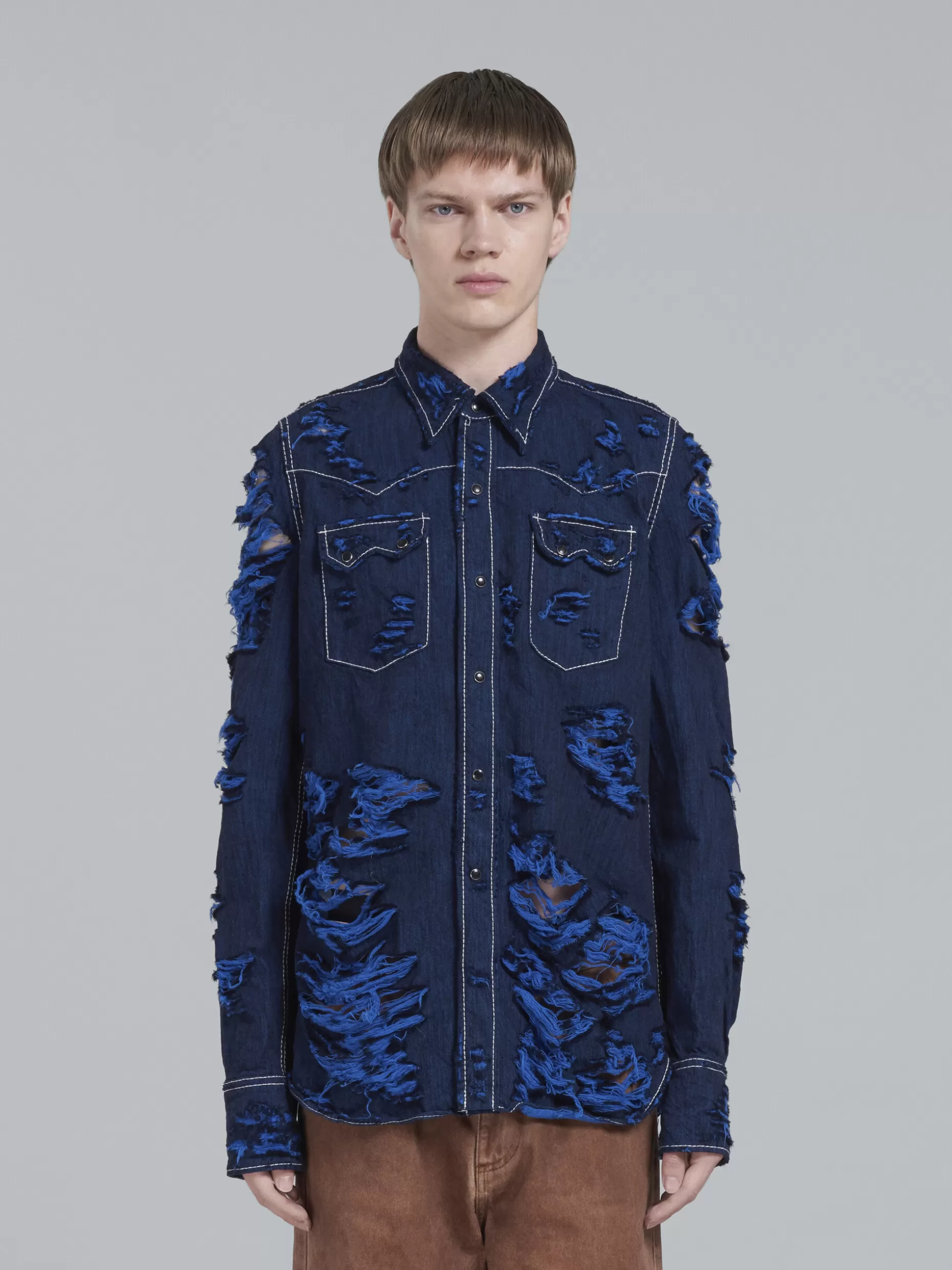 Men Marni Blue Denim Shirt With Rips