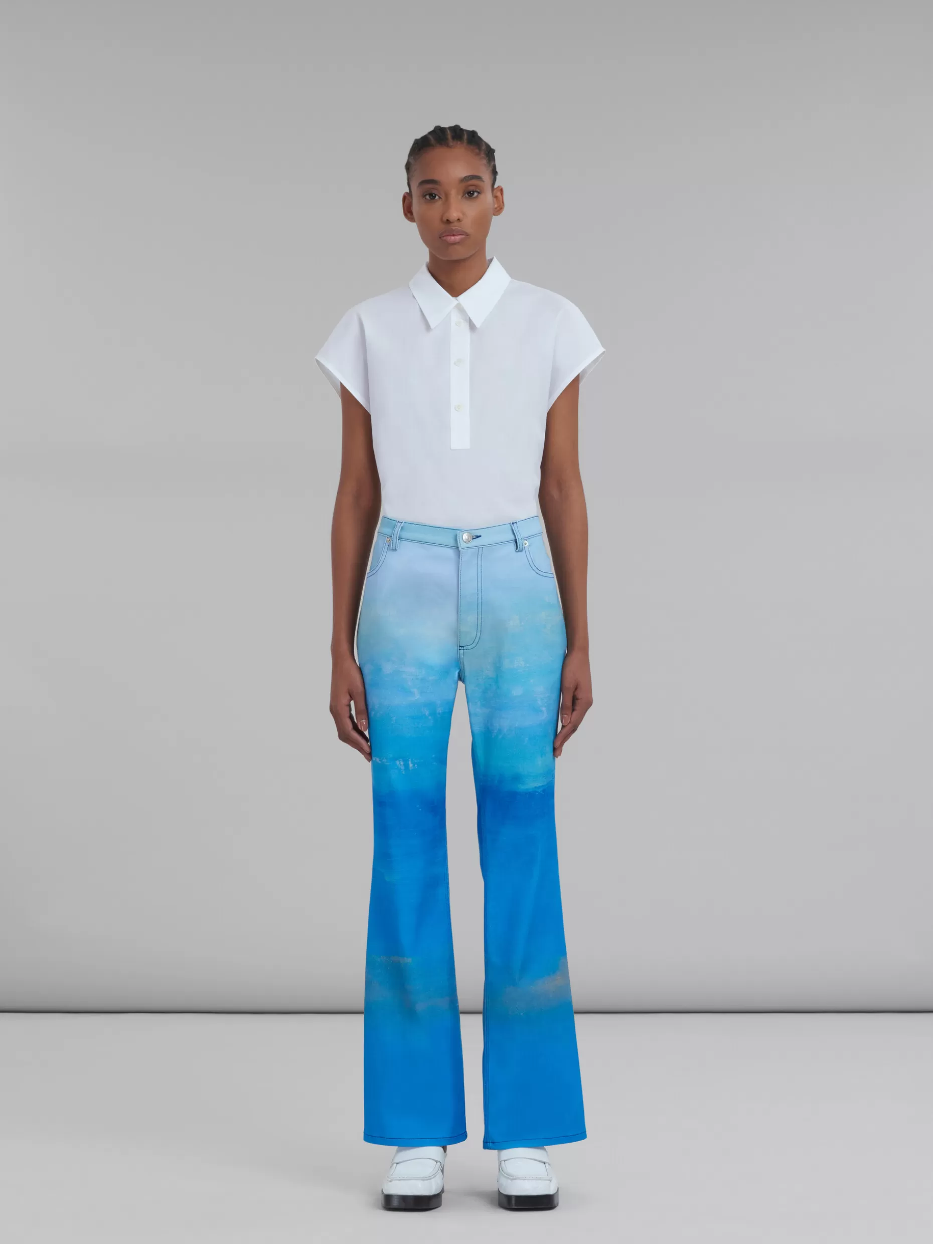 Women Marni Blue Denim Trousers With Notte Giorno Print