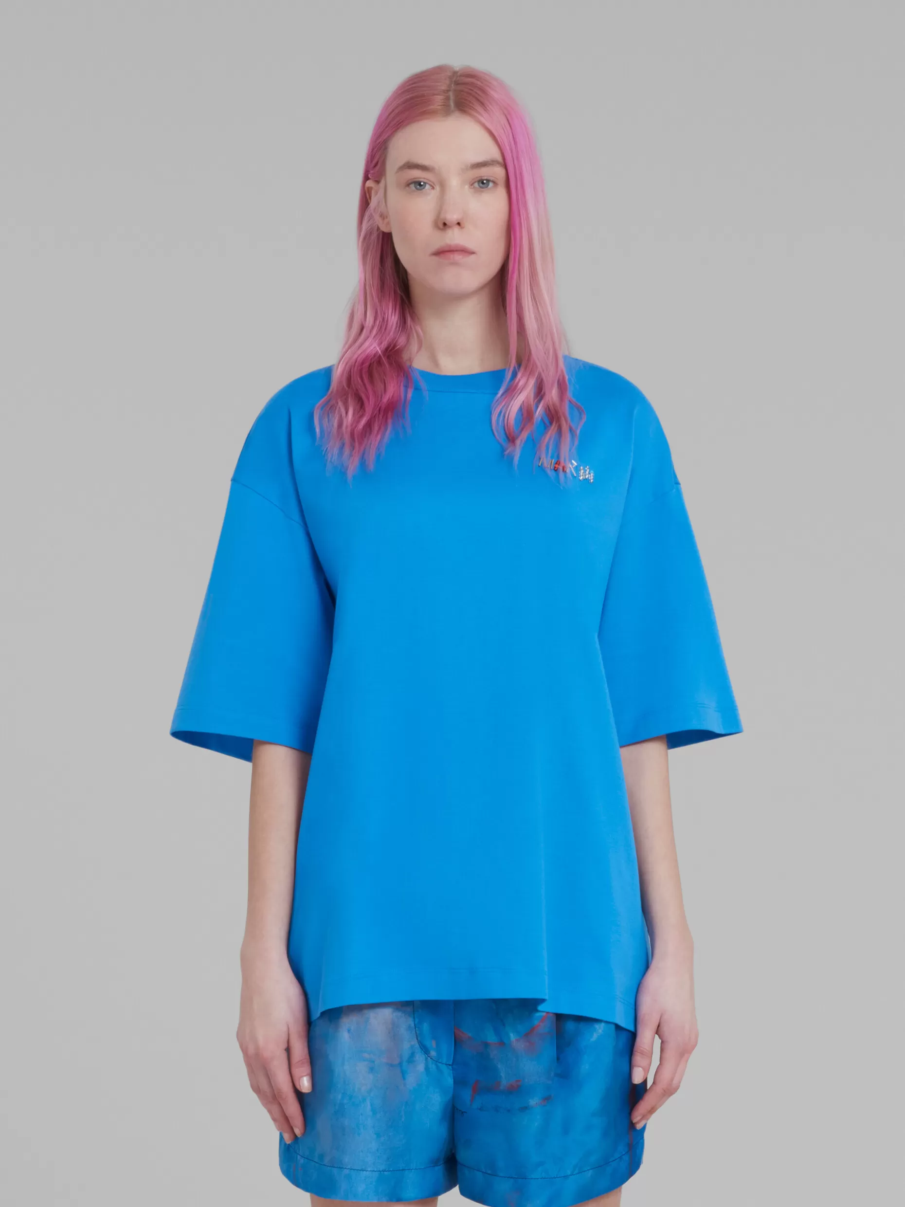 Women Marni Blue Jersey T-Shirt With Beaded Lettering