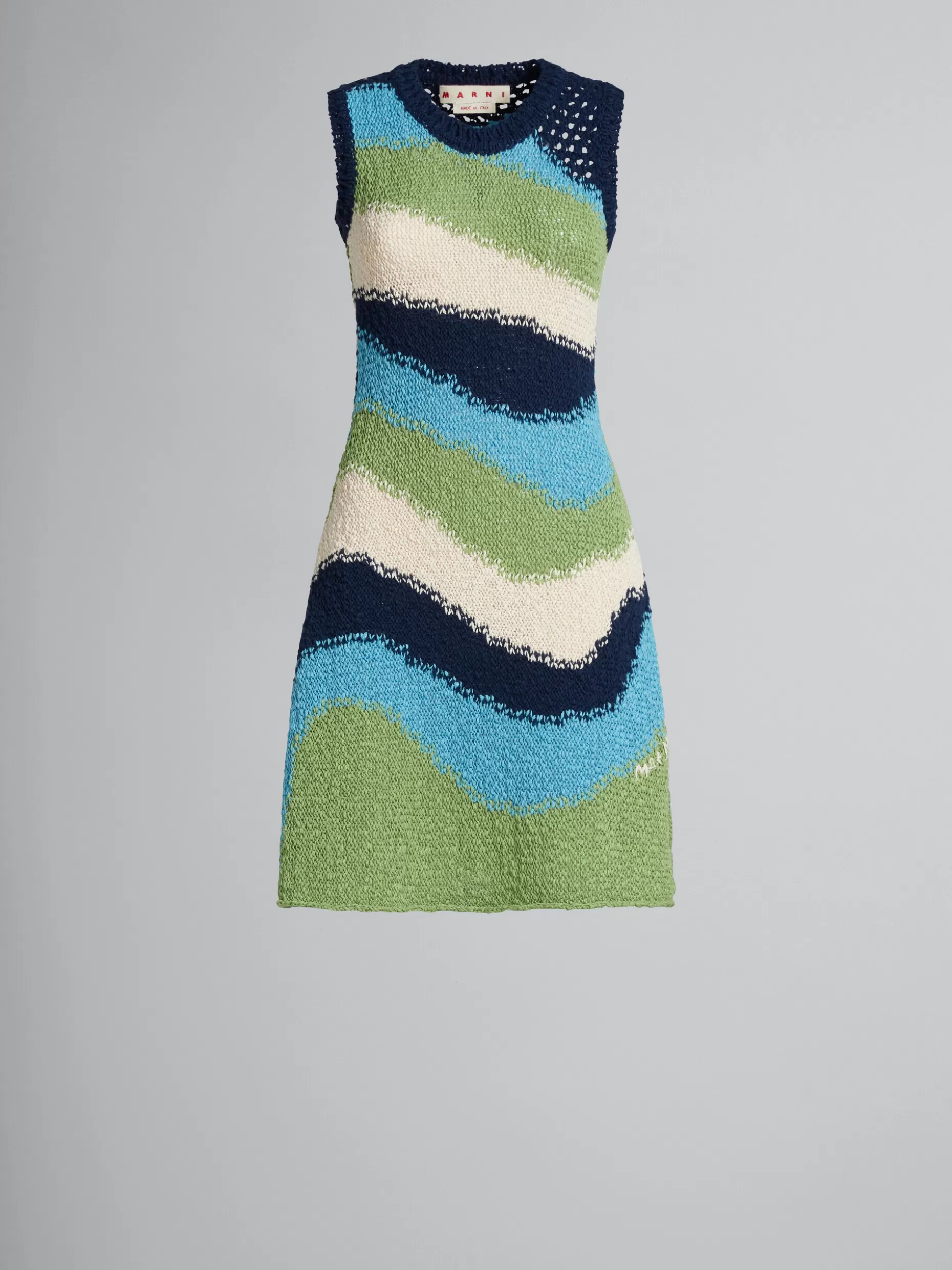 Women Marni Blue Knitted Cotton Dress With Wavy Stripes