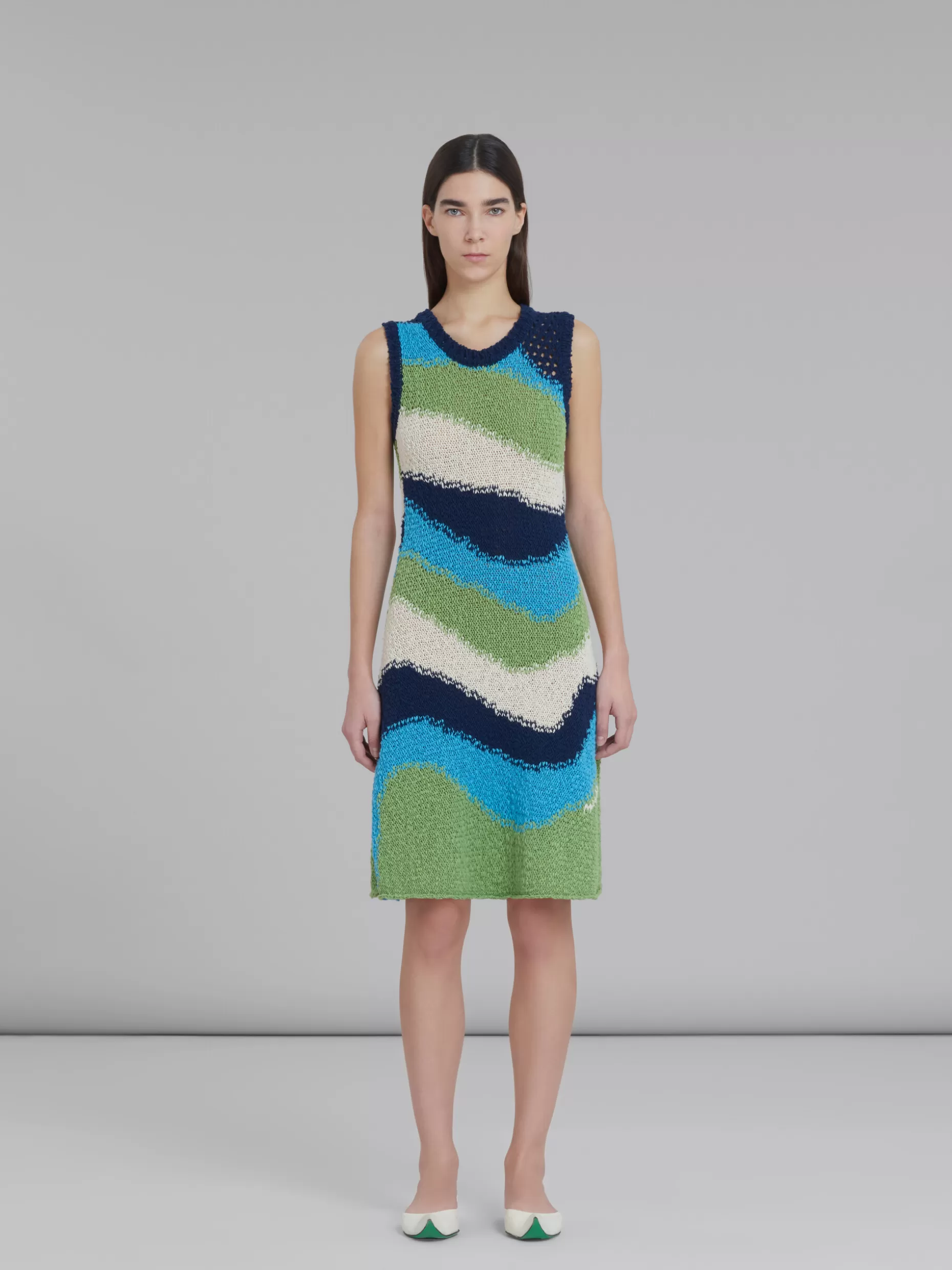 Women Marni Blue Knitted Cotton Dress With Wavy Stripes