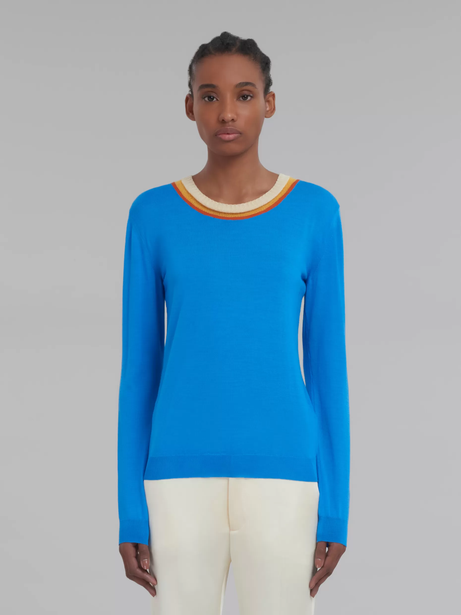 Women Marni Blue Wool Jumper With Triple Neckline