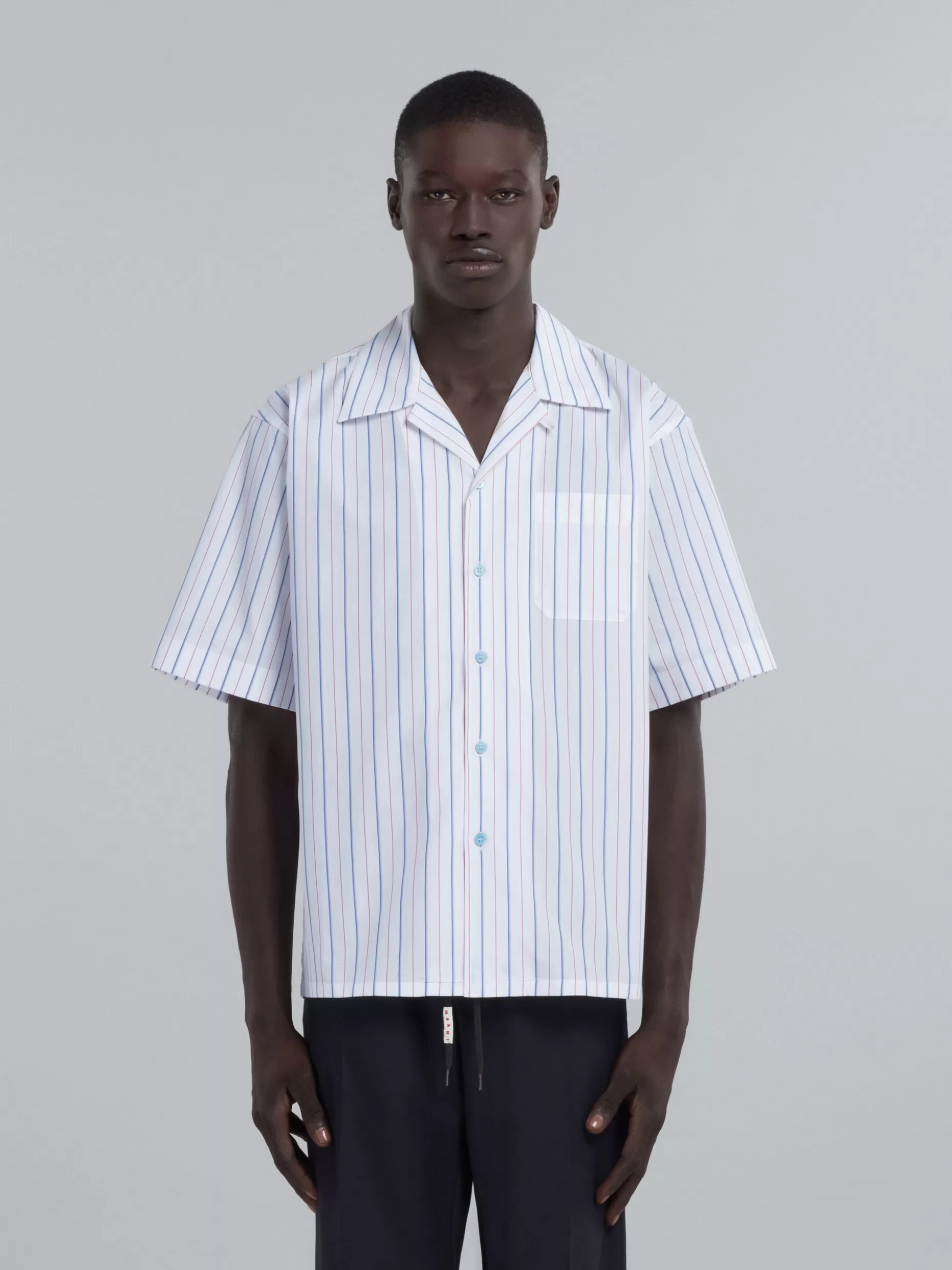 Men Marni Bowling Shirt In White Striped Bio Poplin