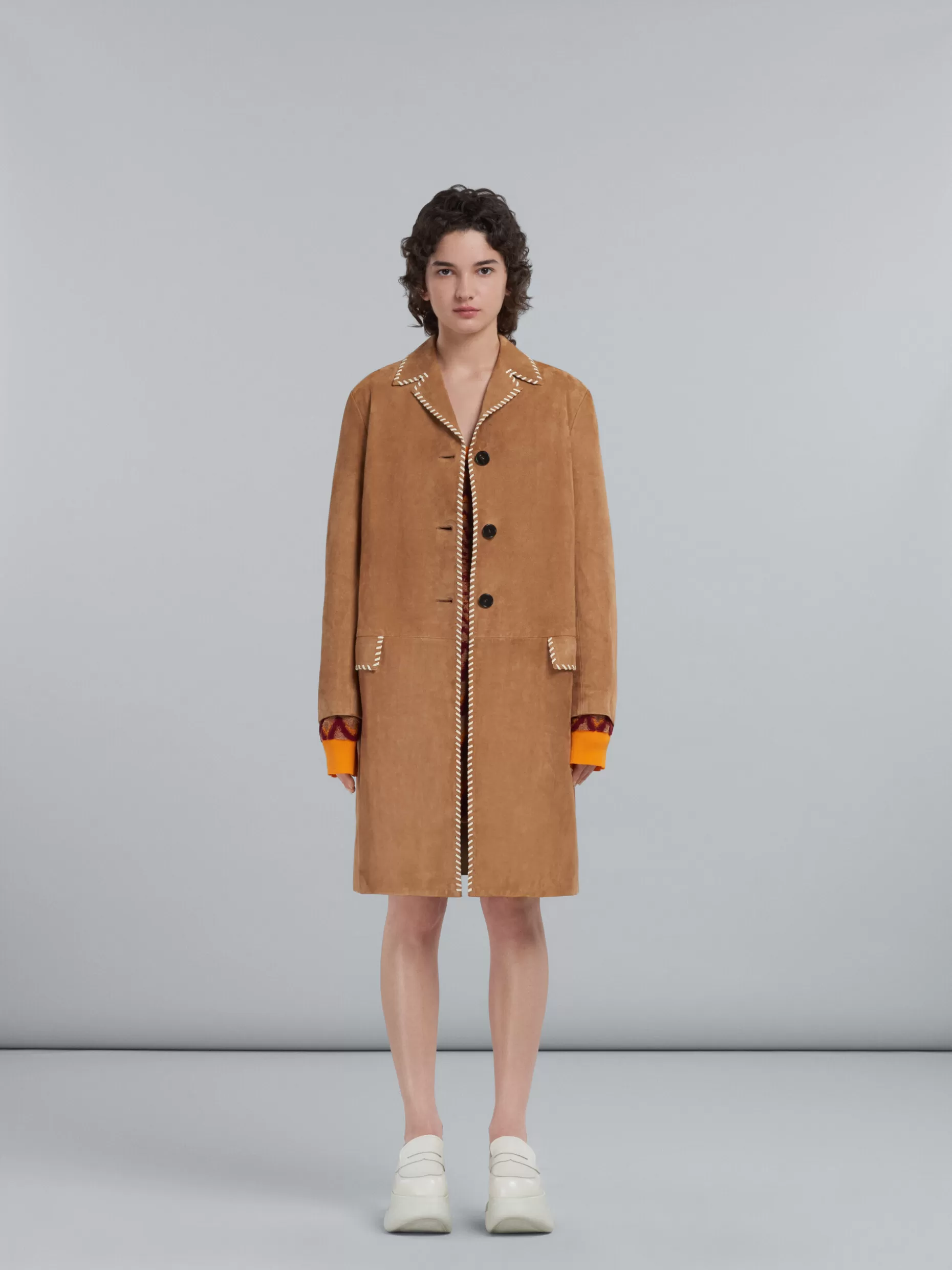 Women Marni Brown Suede Coat With Nappa Stitching