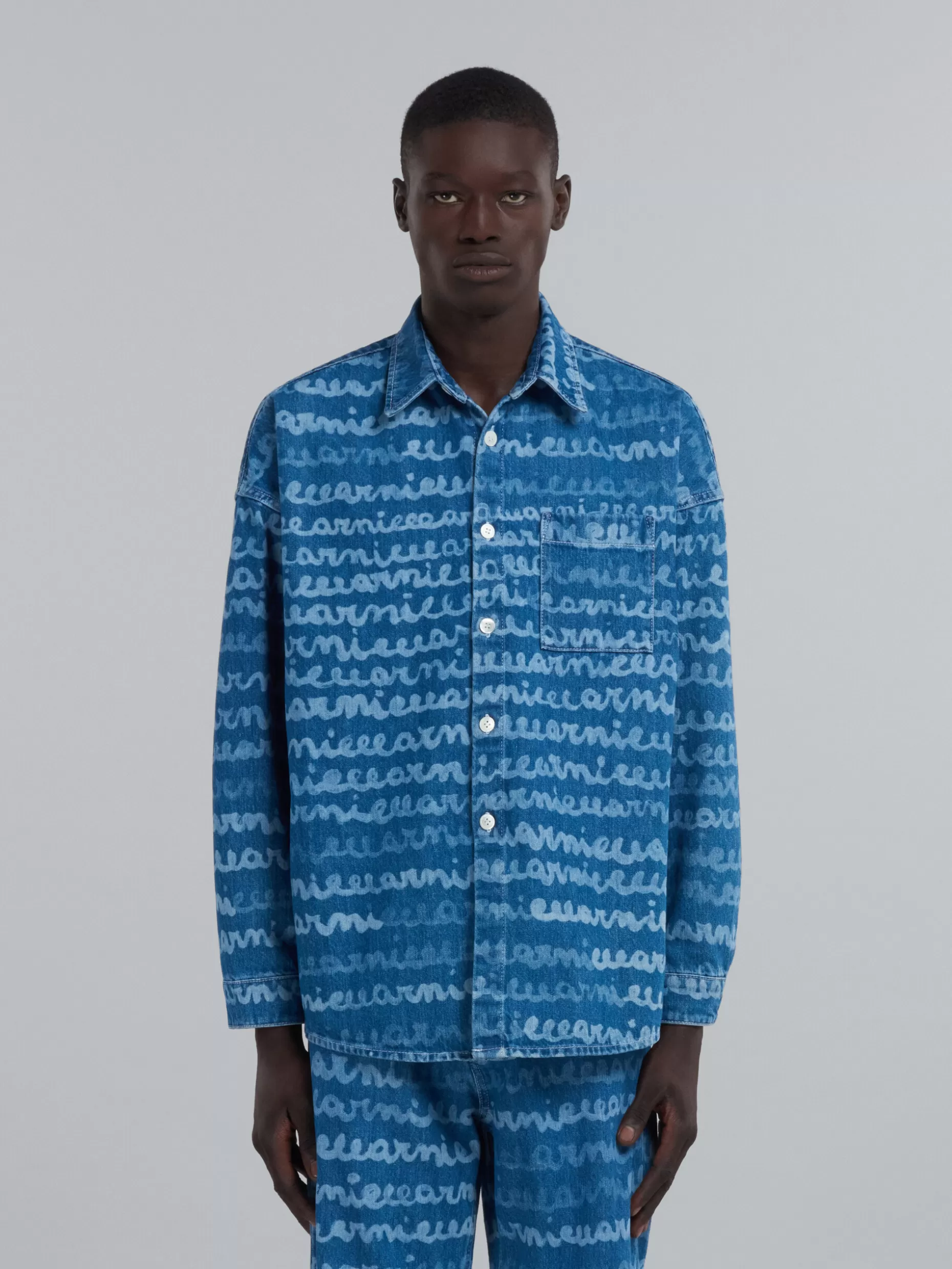 Men Marni Denim Sports Shirt With Mare Print