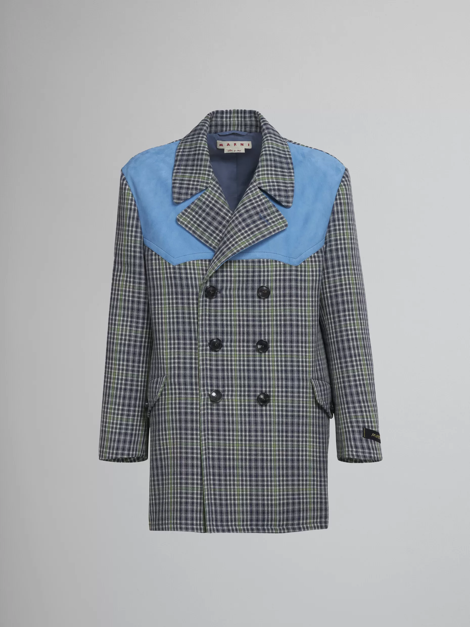 Men Marni Double-Breasted Coat In Grey Chequered Wool