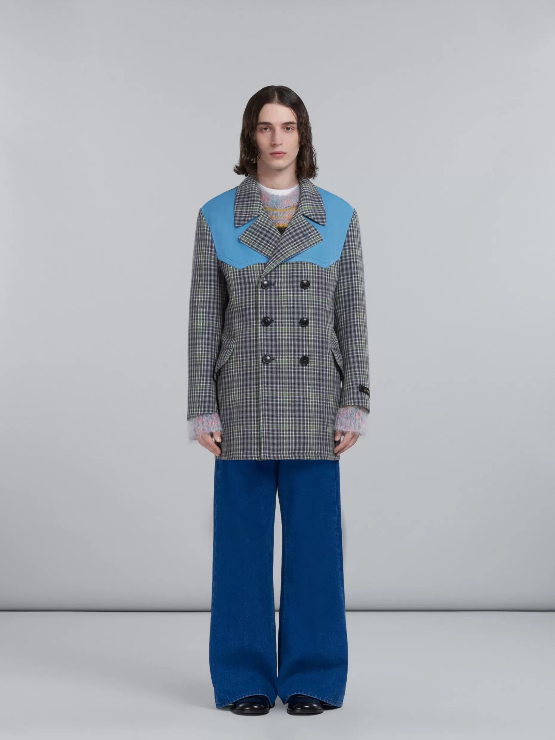 Men Marni Double-Breasted Coat In Grey Chequered Wool