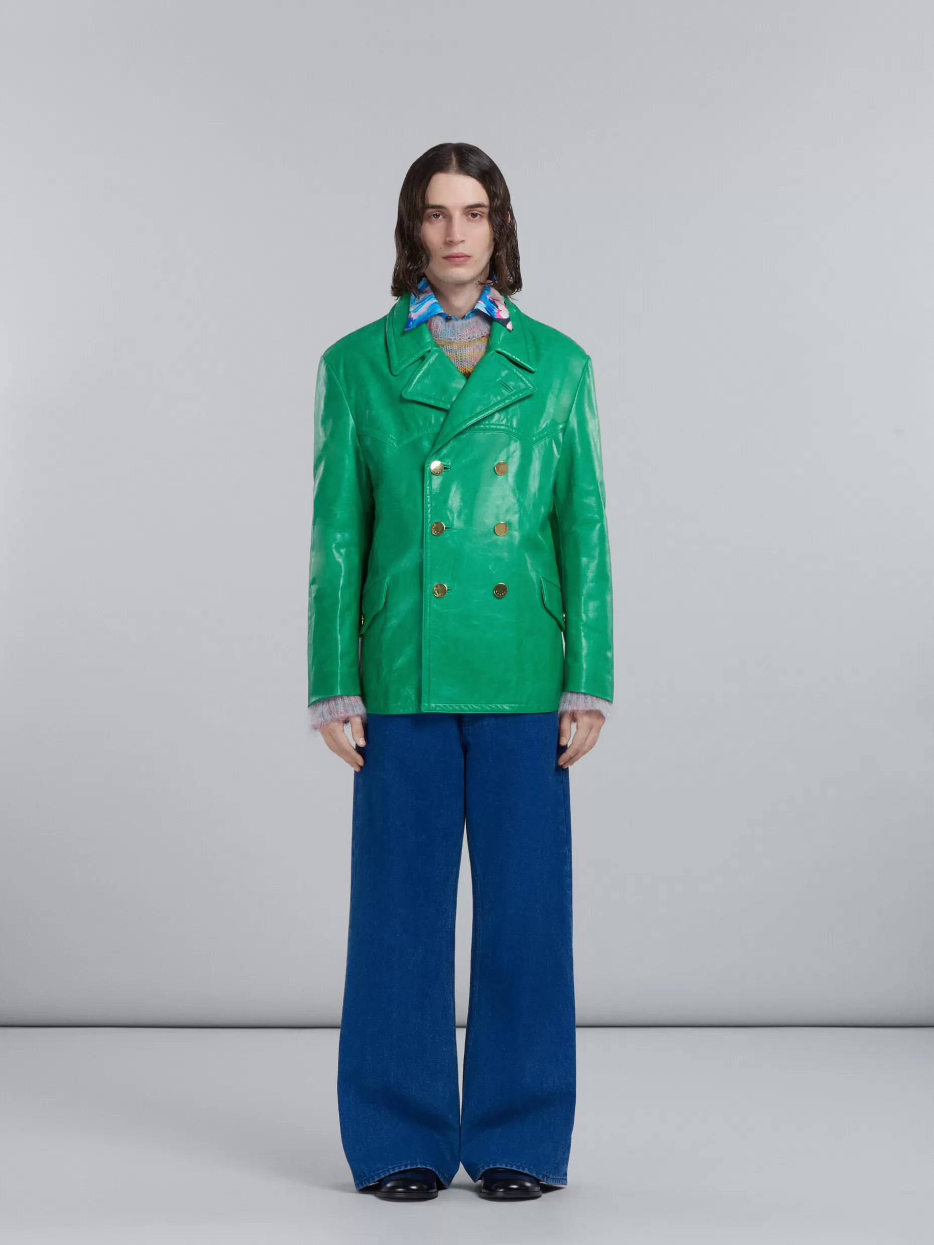 Men Marni Double-Breasted Jacket In Shiny Green Leather