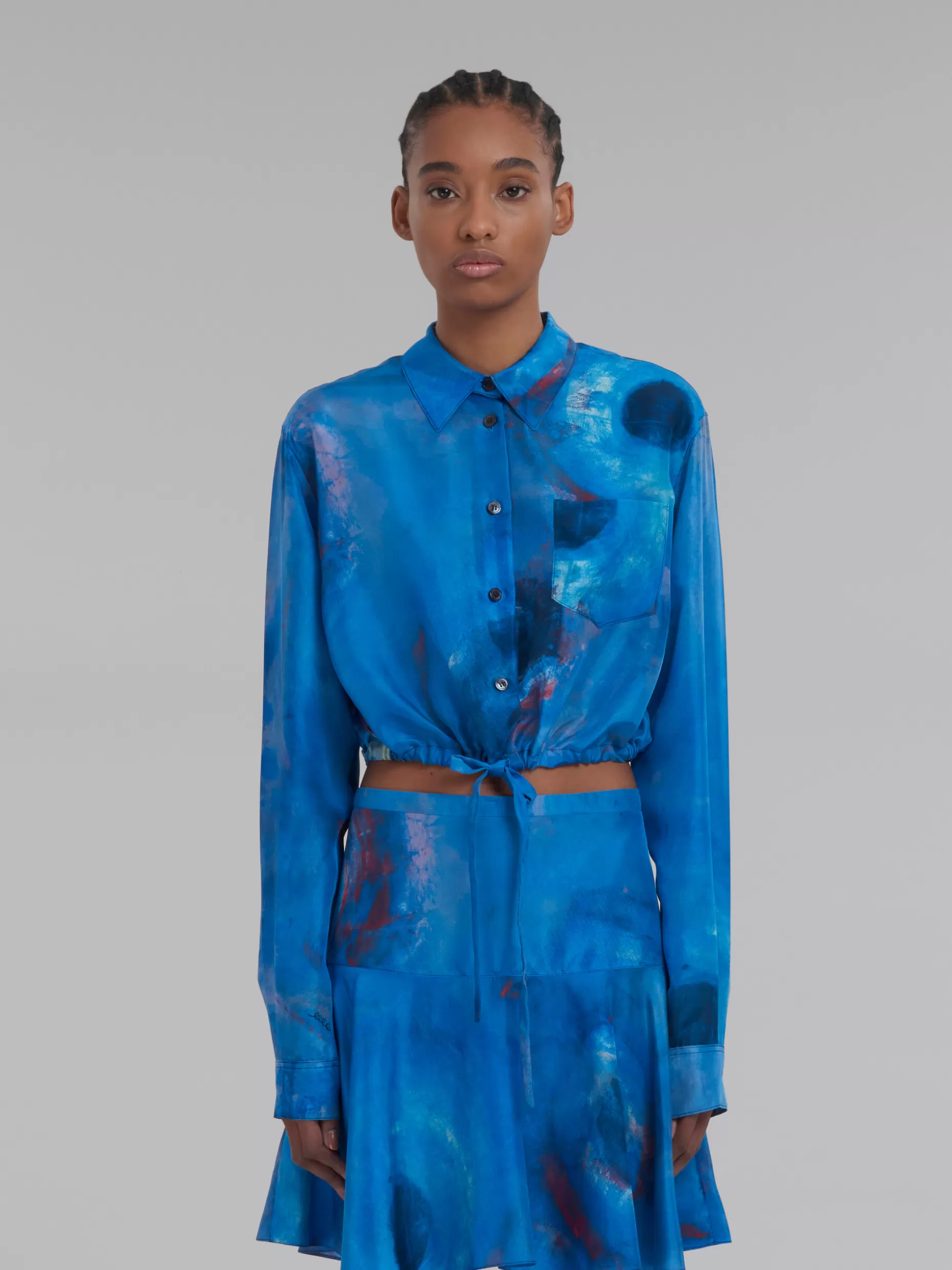 Women Marni Drawstring Silk Shirt With Buchi Blu Print