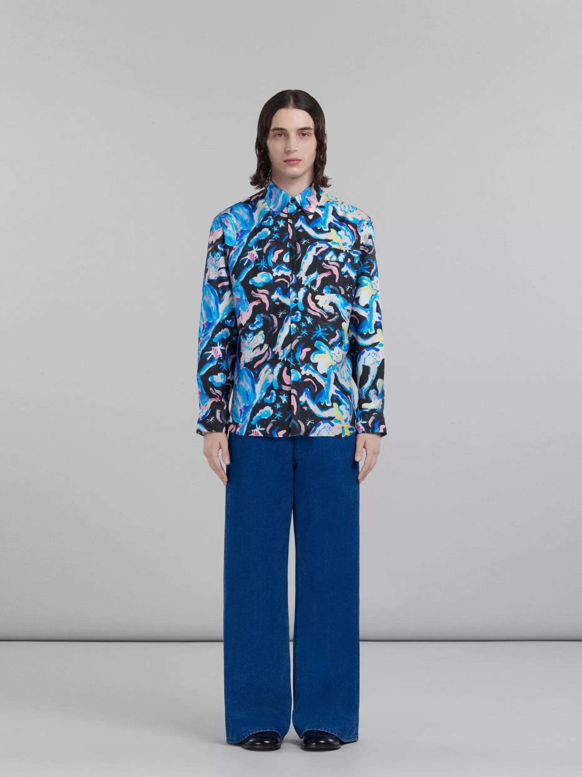 Men Marni Flared Trousers In Coated Blue Denim