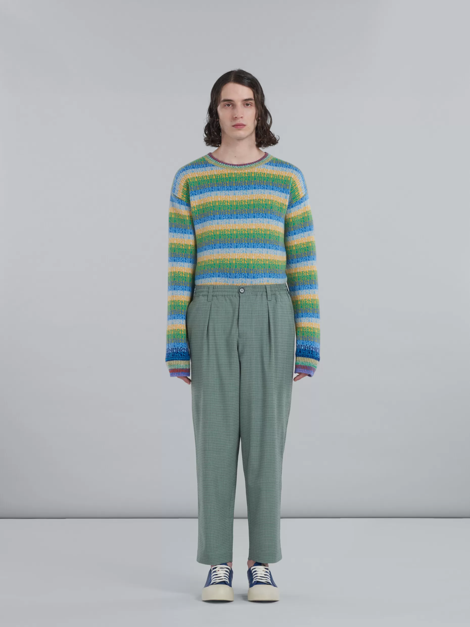 Men Marni Green Cropped Trousers In Tropical Wool With Checks