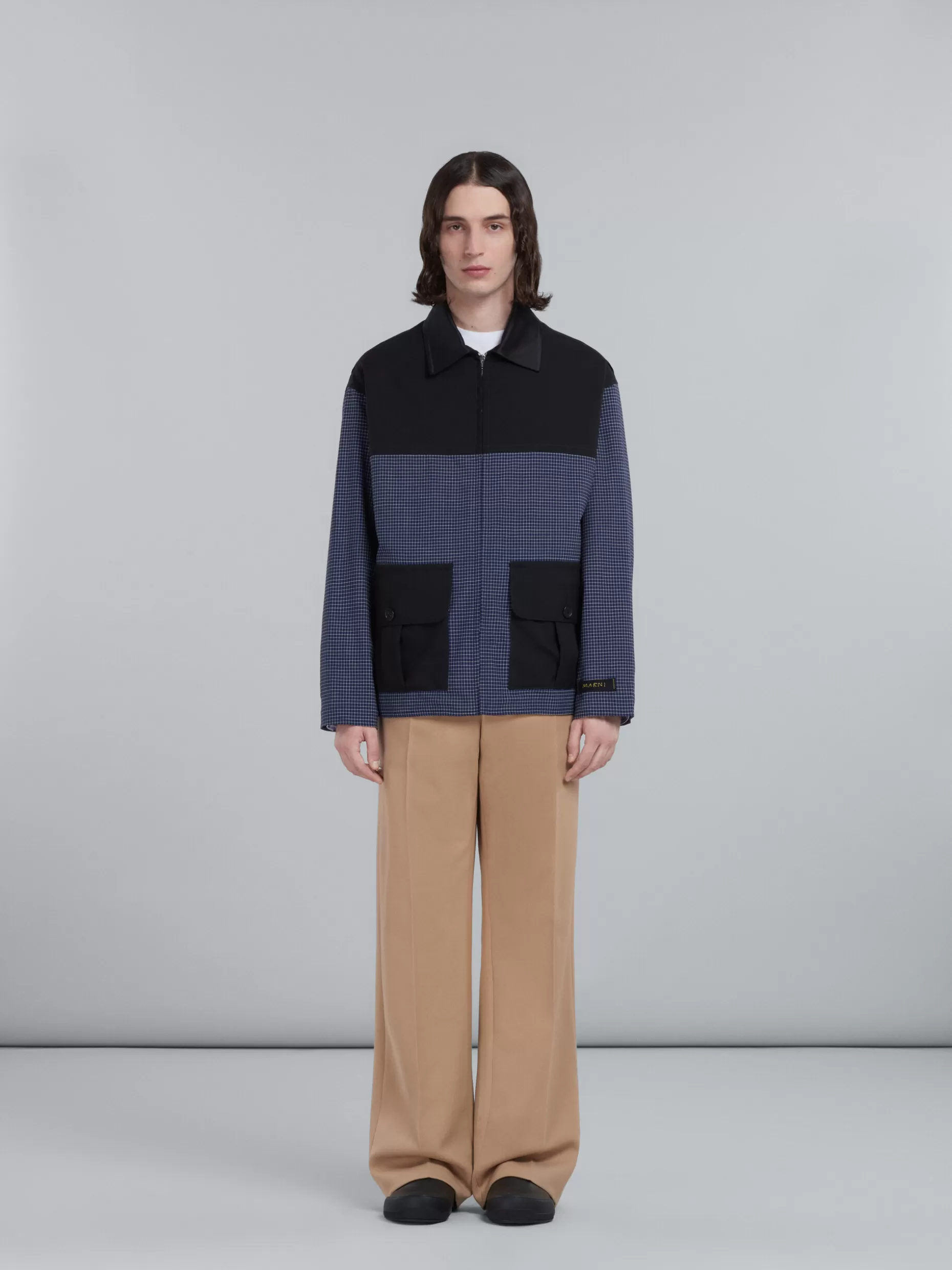 Men Marni Jacket In Tropical Wool With Blue Checks