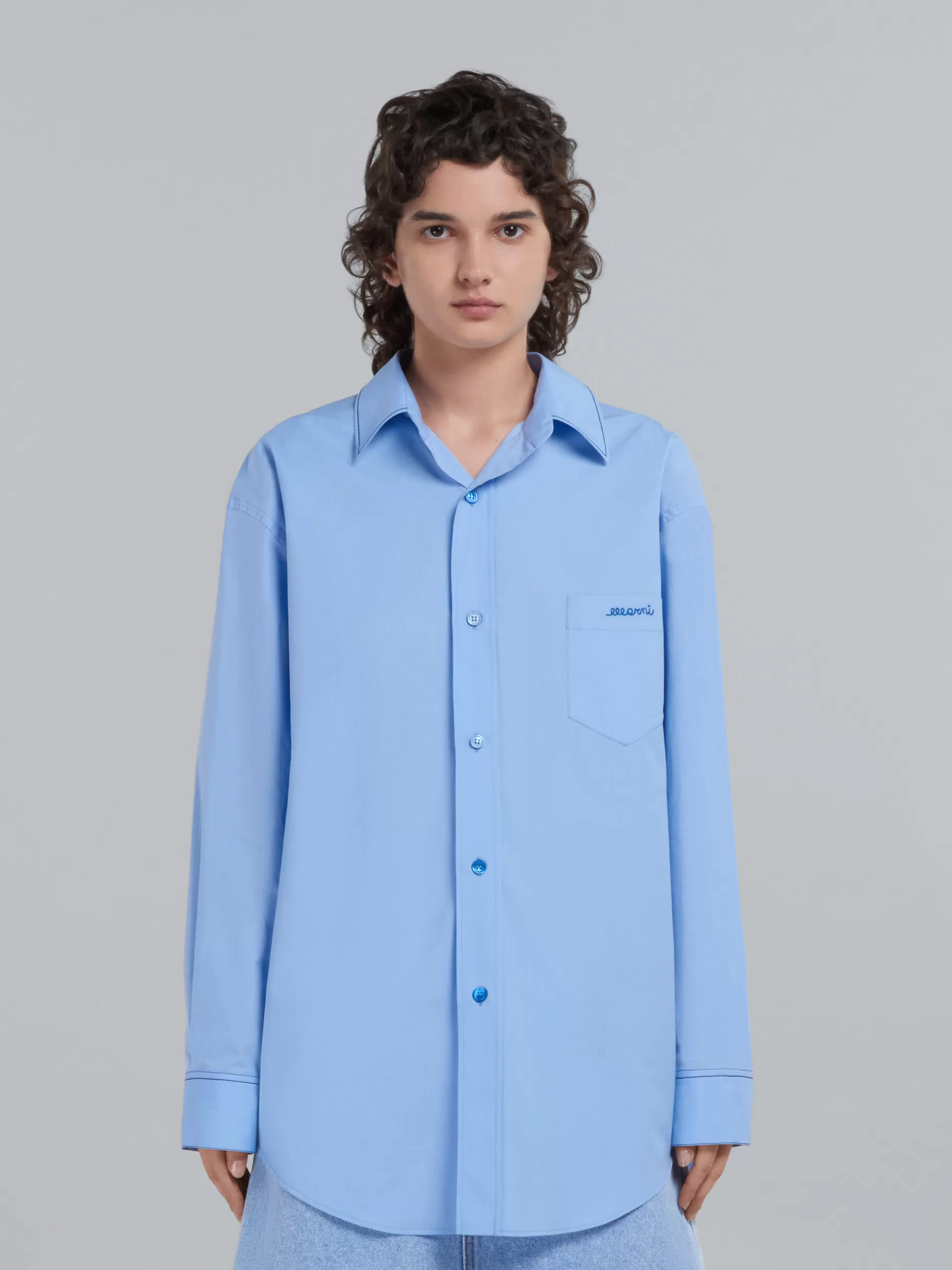 Women Marni Light Blue Bio Cotton Shirt With Embroidered Logo