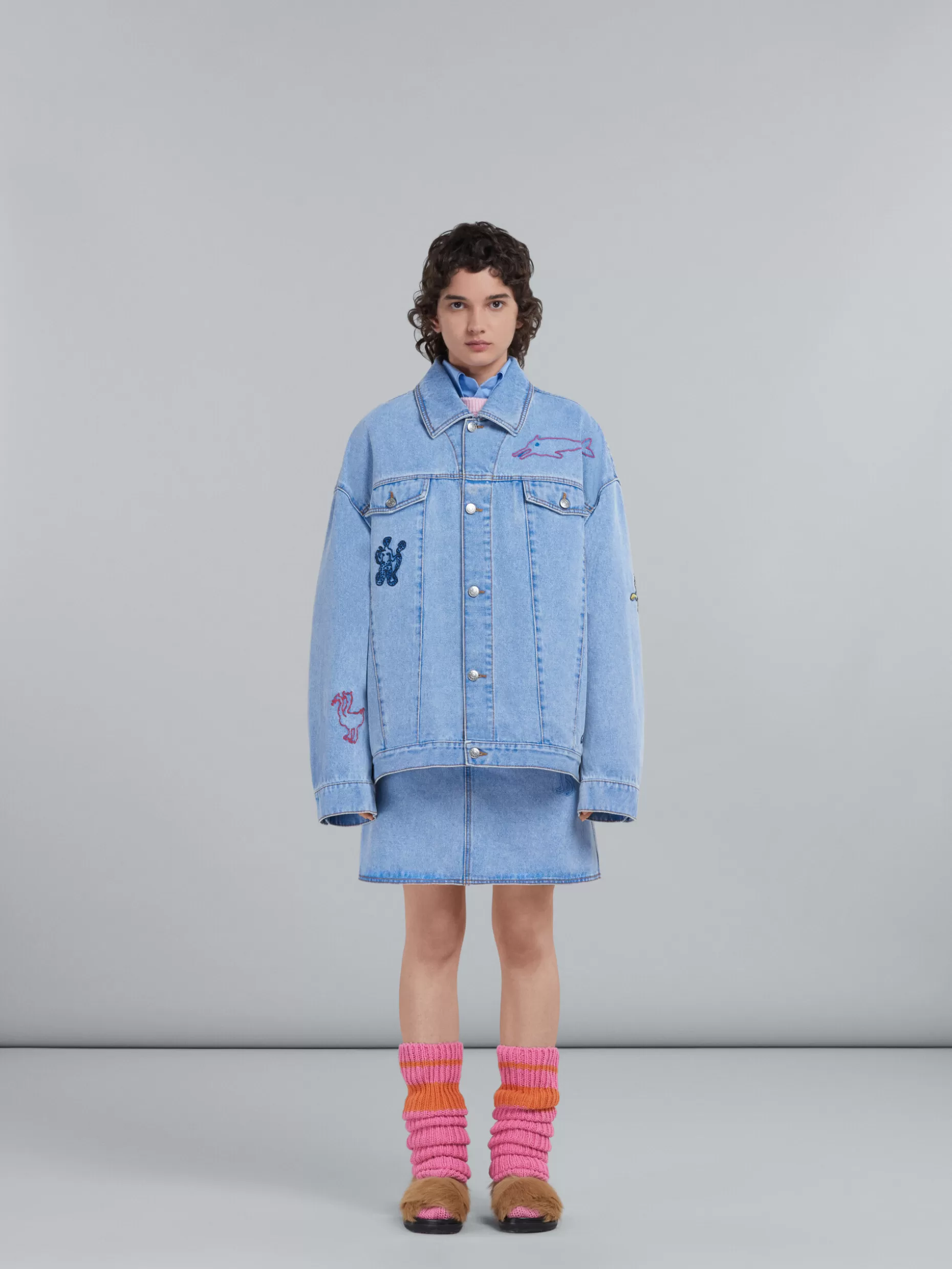 Women Marni Light Blue Denim Jacket With Embroidery