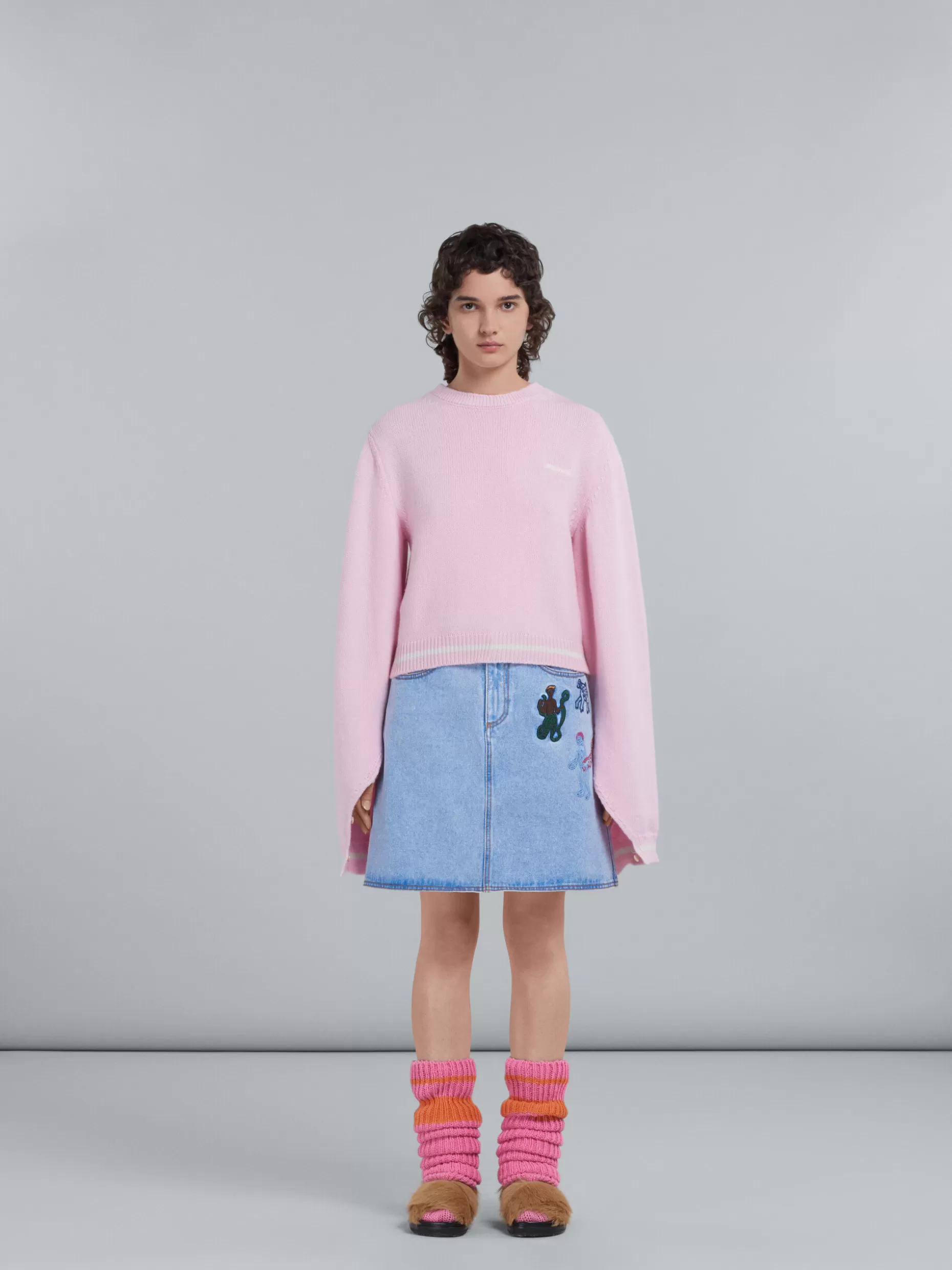 Women Marni Light Blue Denim Skirt With Embroidery