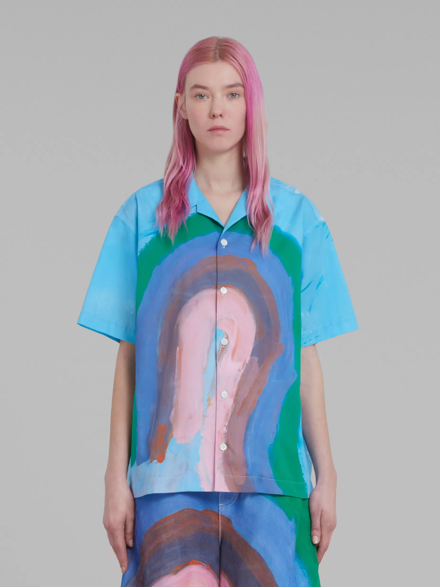 Women Marni Light Blue Poplin Bowling Shirt With Bow Print