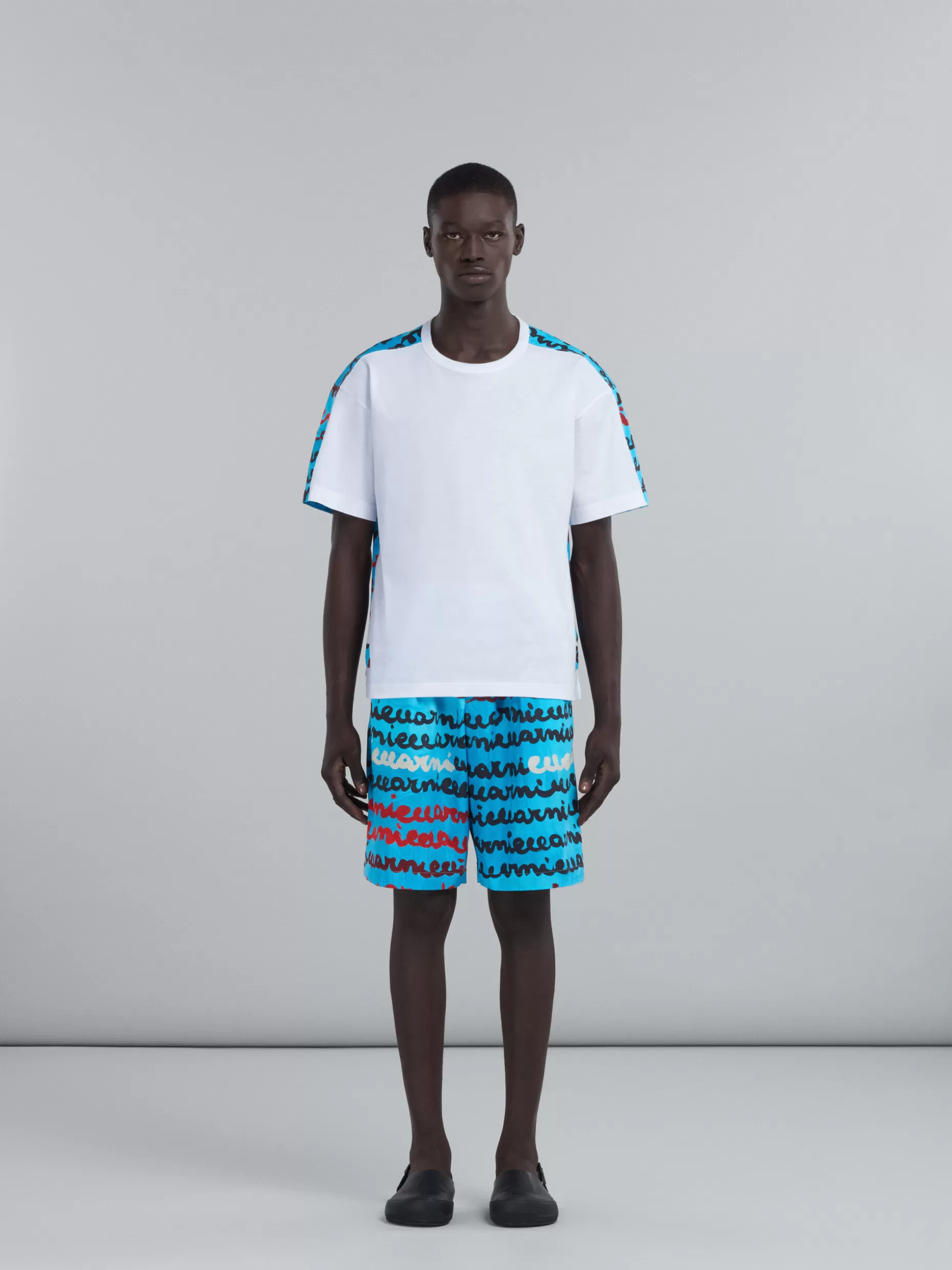 Men Marni Light Blue Poplin Shorts With Mare Print