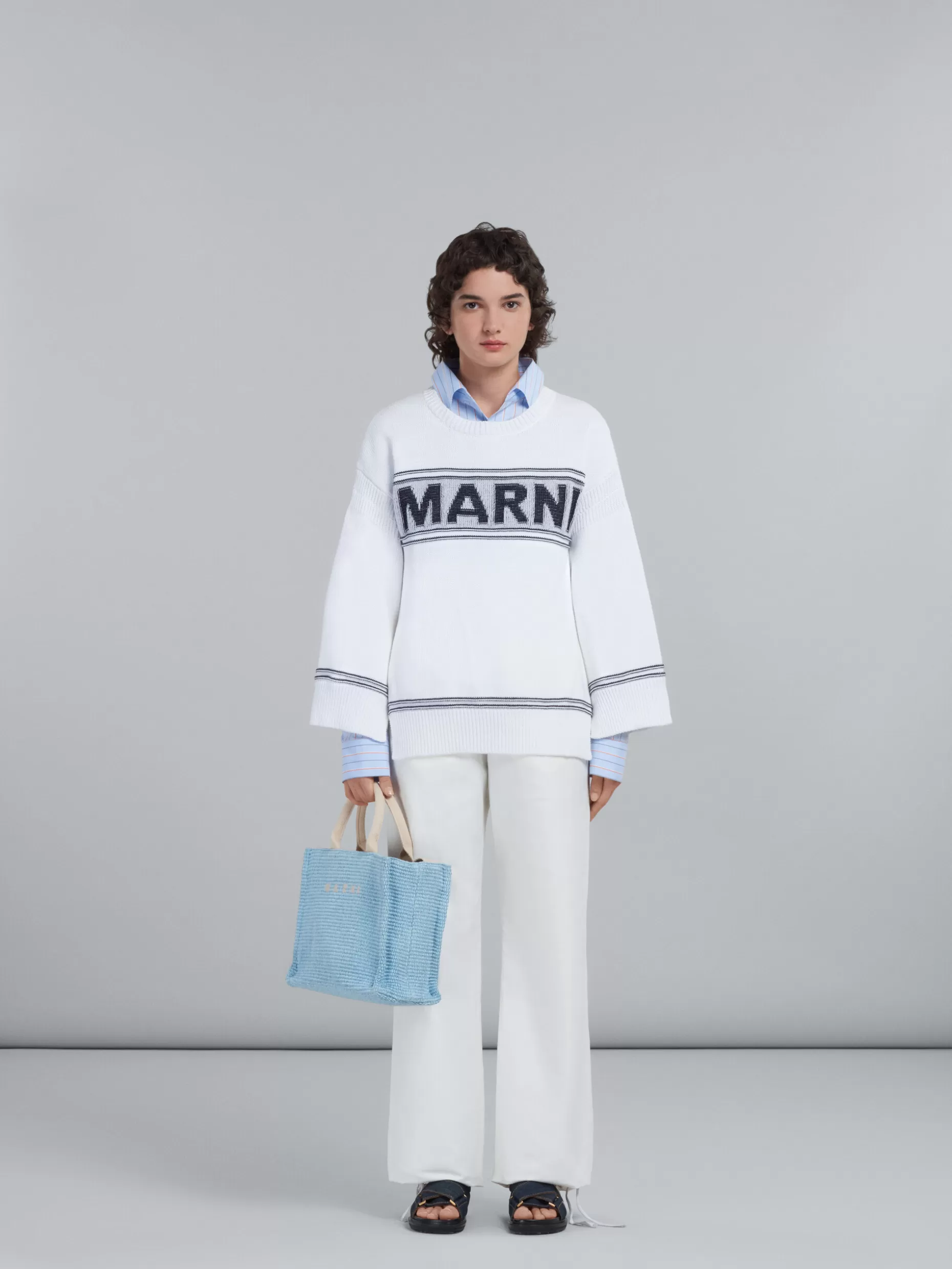 Women Marni Light Blue Raffia Small Tote Bag