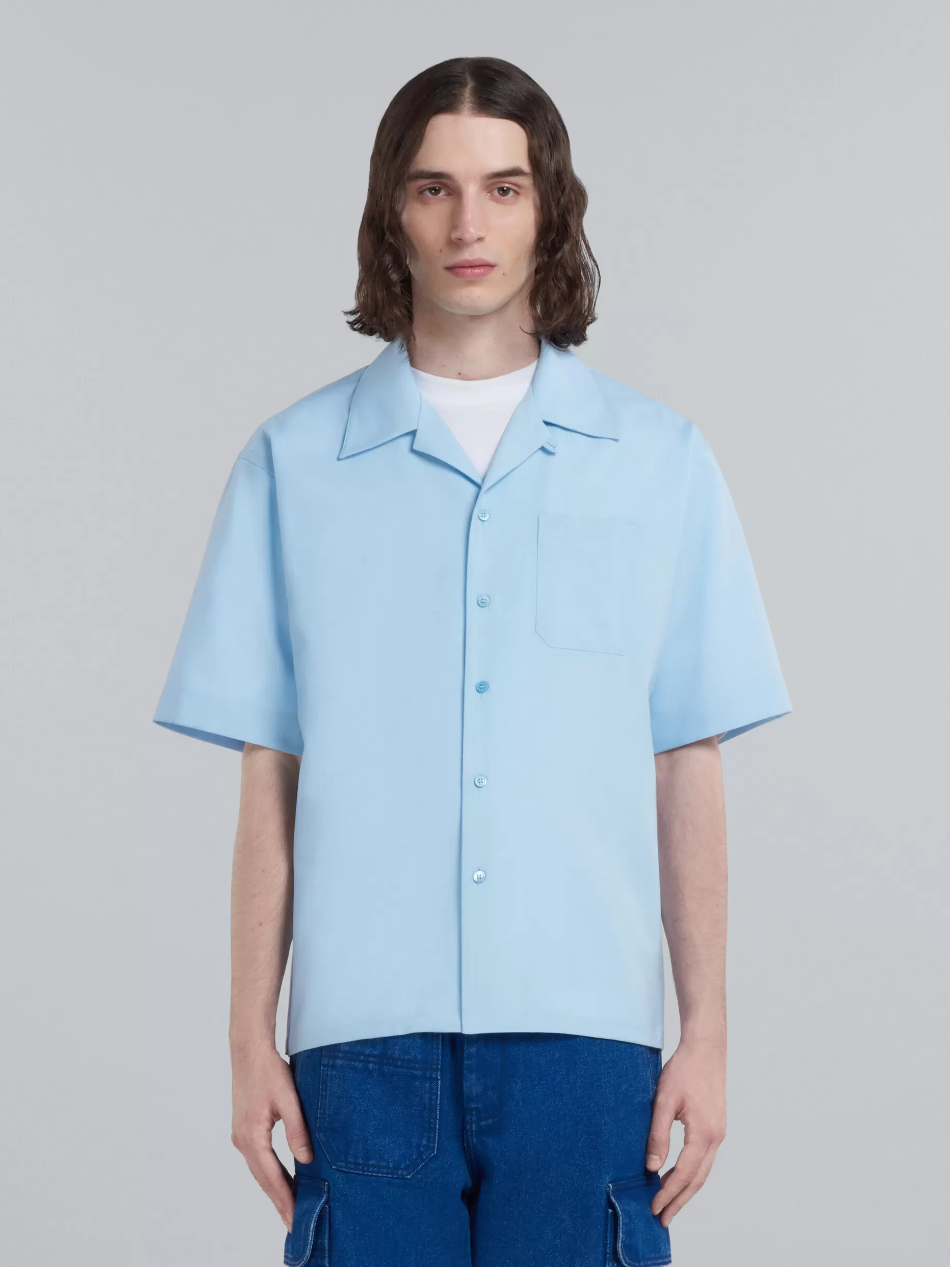 Men Marni Light Blue Tropical Wool Bowling Shirt