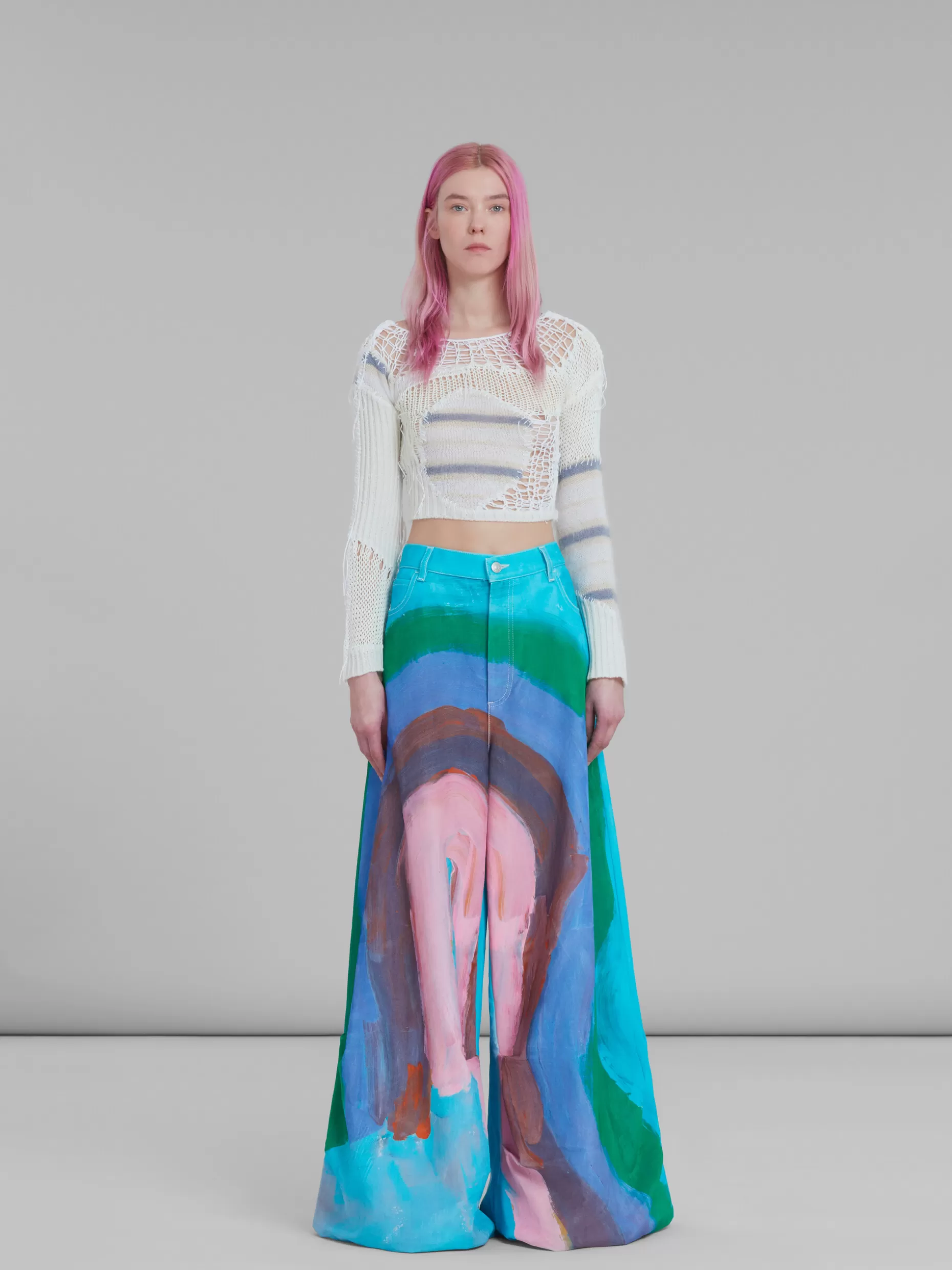 Women Marni Light Blue Ultra-Wide-Leg Trousers With Rainbow Print