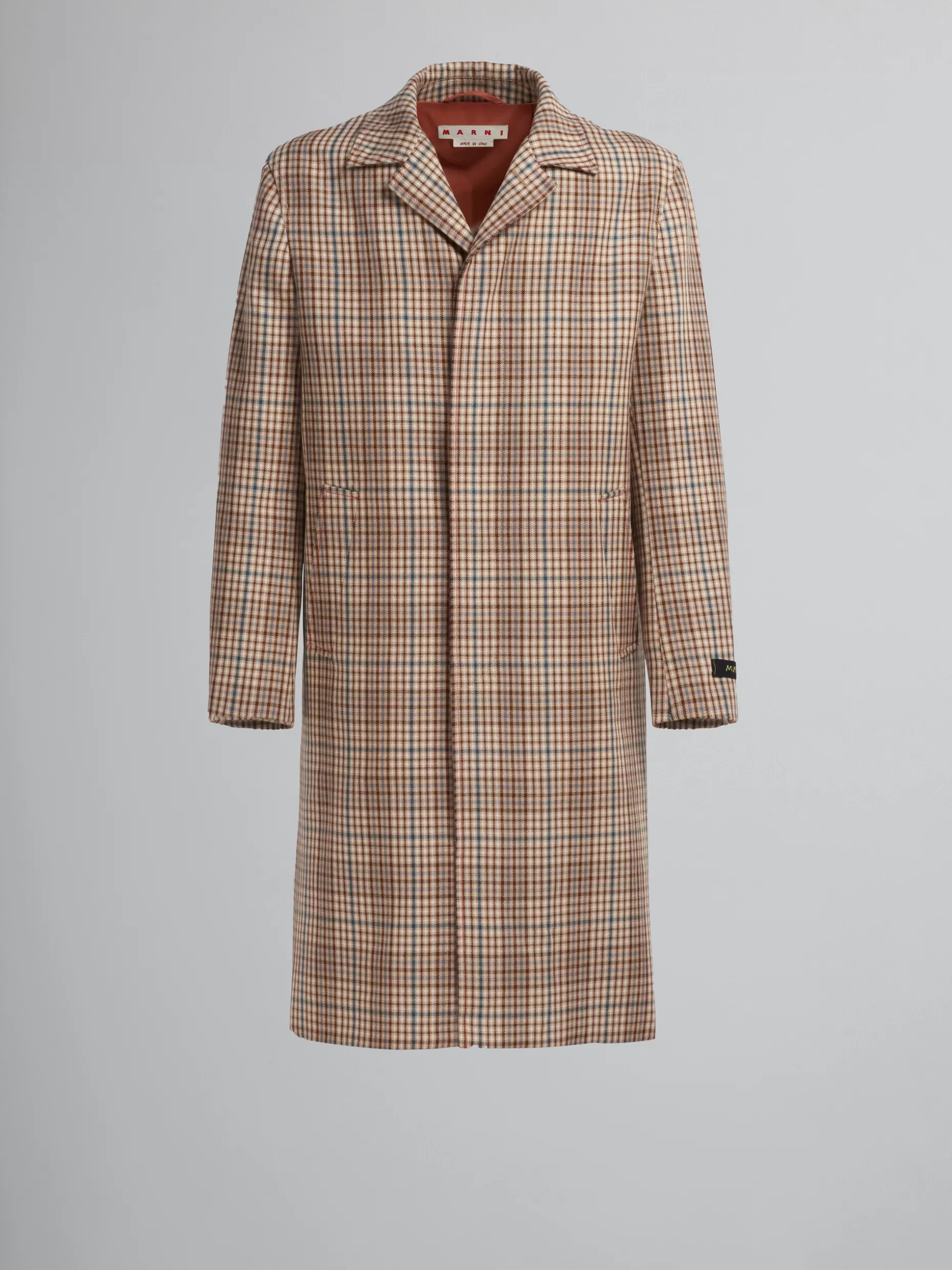 Men Marni Long Coat In Beige Chequered Wool