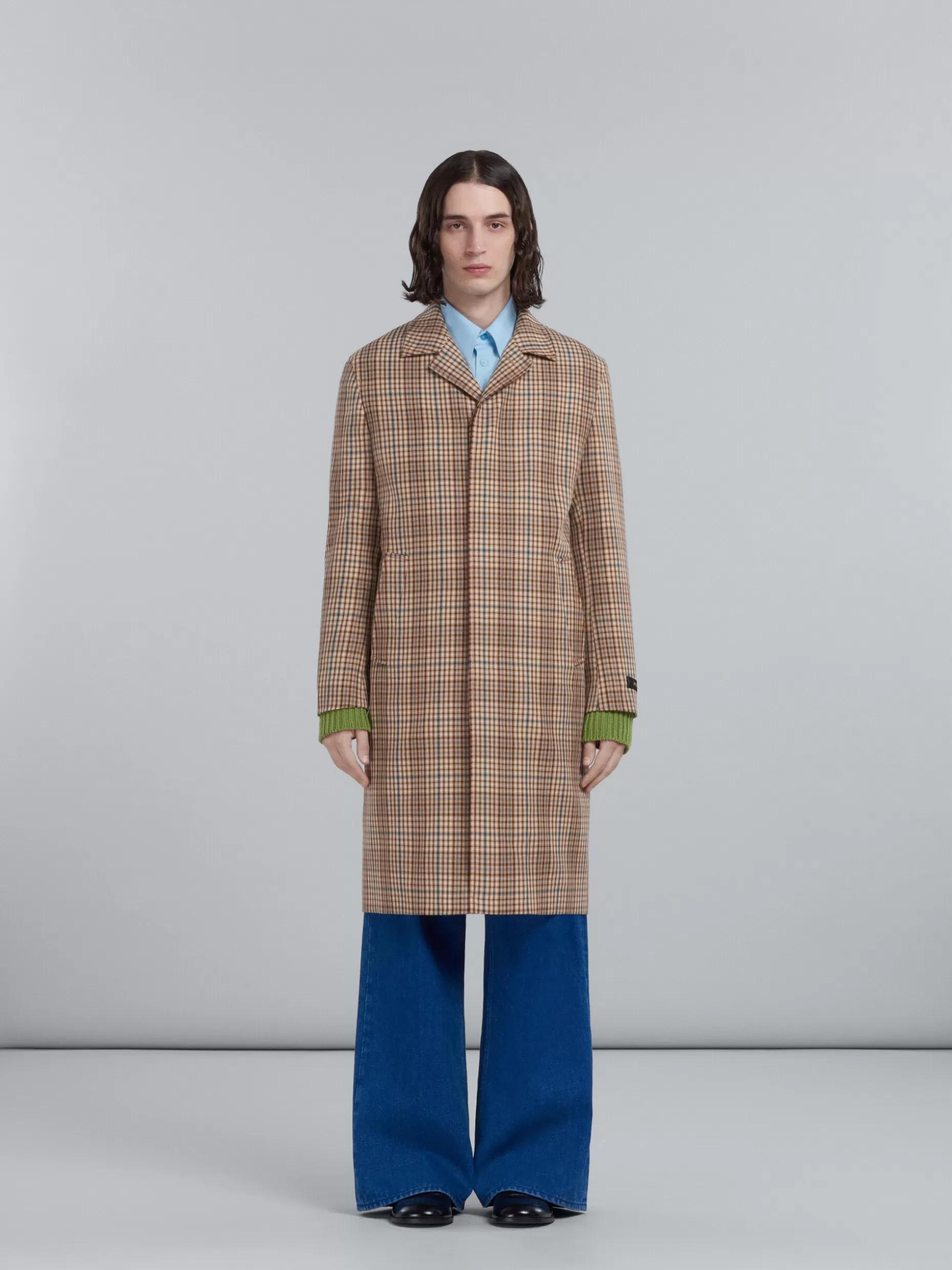 Men Marni Long Coat In Beige Chequered Wool