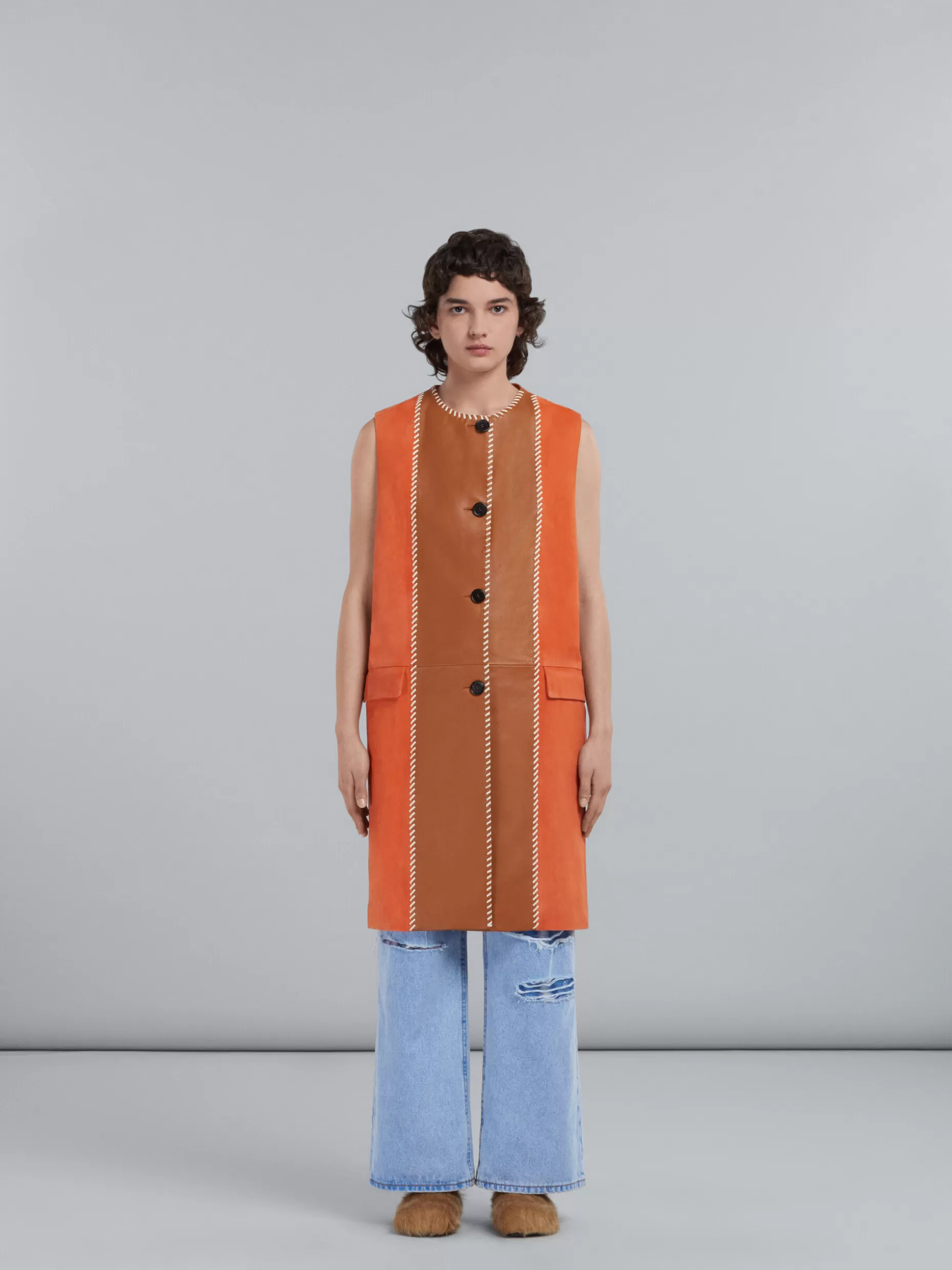 Women Marni Long Vest In Orange Suede