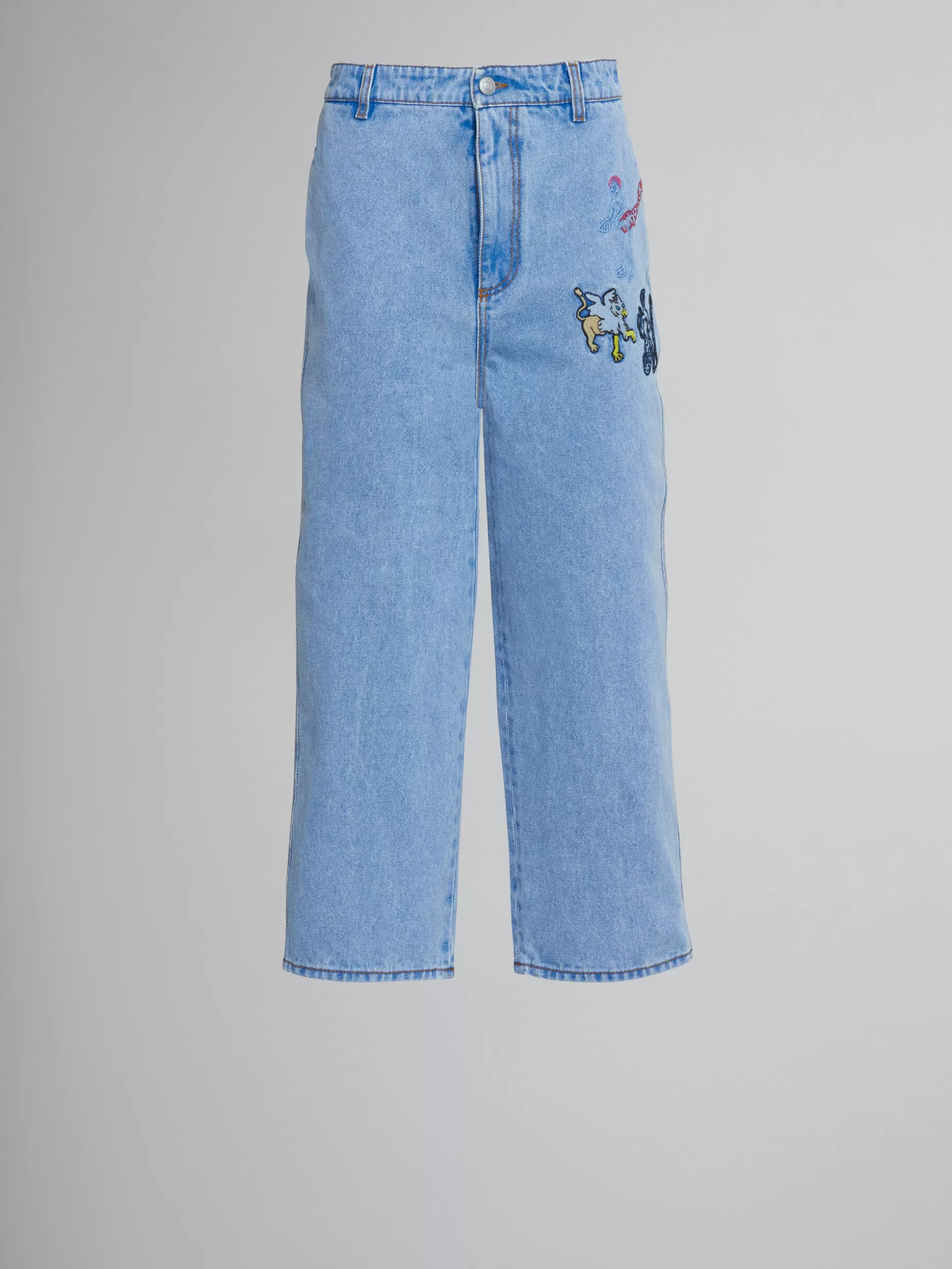 Women Marni Loose Trousers In Light Blue Denim With Embroidery