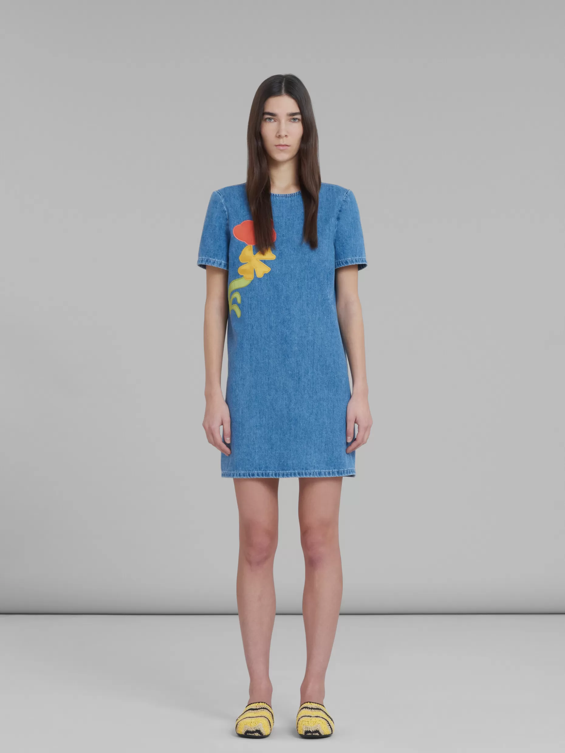 Women Marni X No Vacancy Inn - Blue Chambray Short Dress With Embroidery