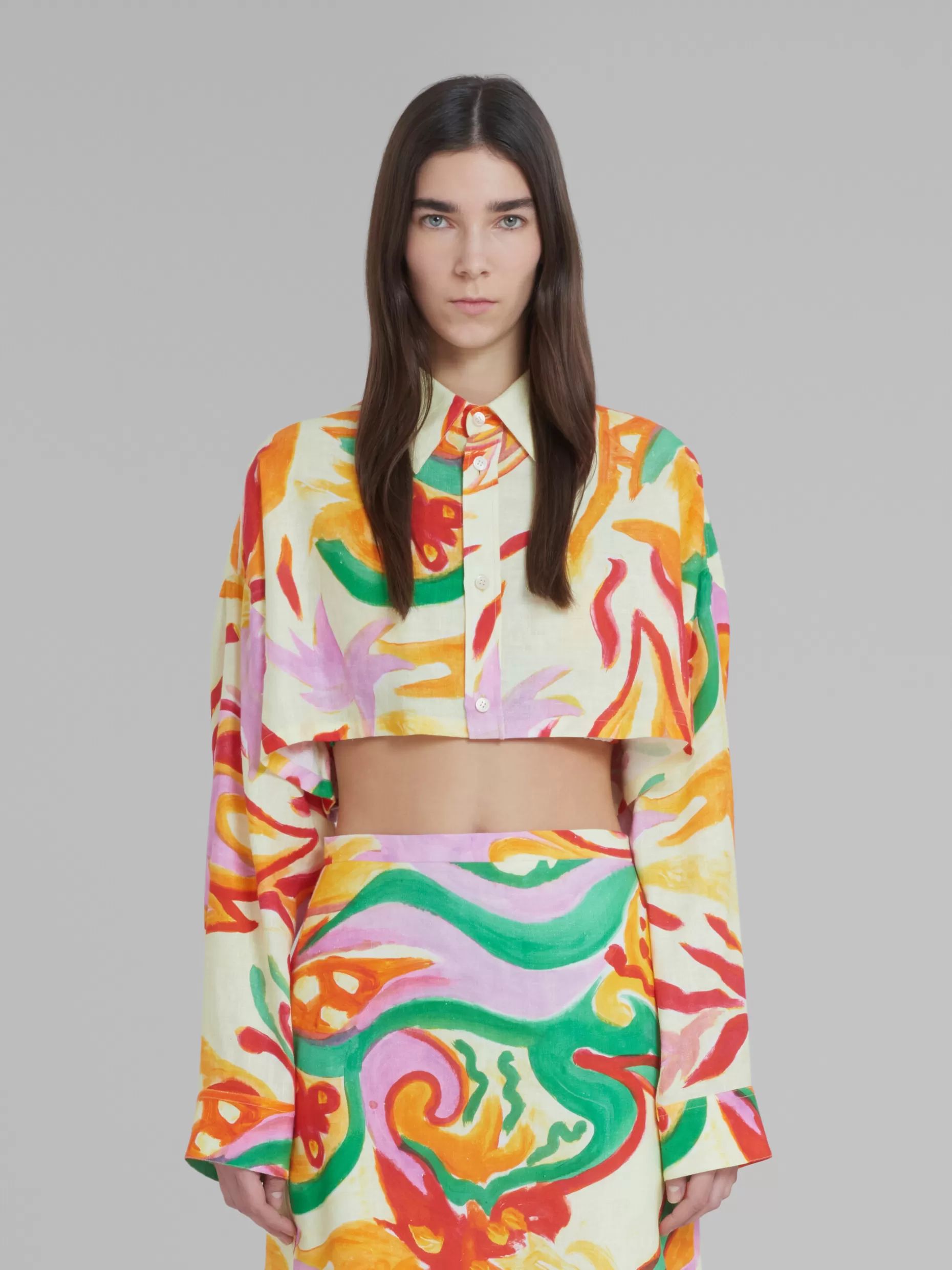 Women Marni X No Vacancy Inn - Cropped Linen-Viscose Cheesecloth Shirt With Chippy Blossom Print