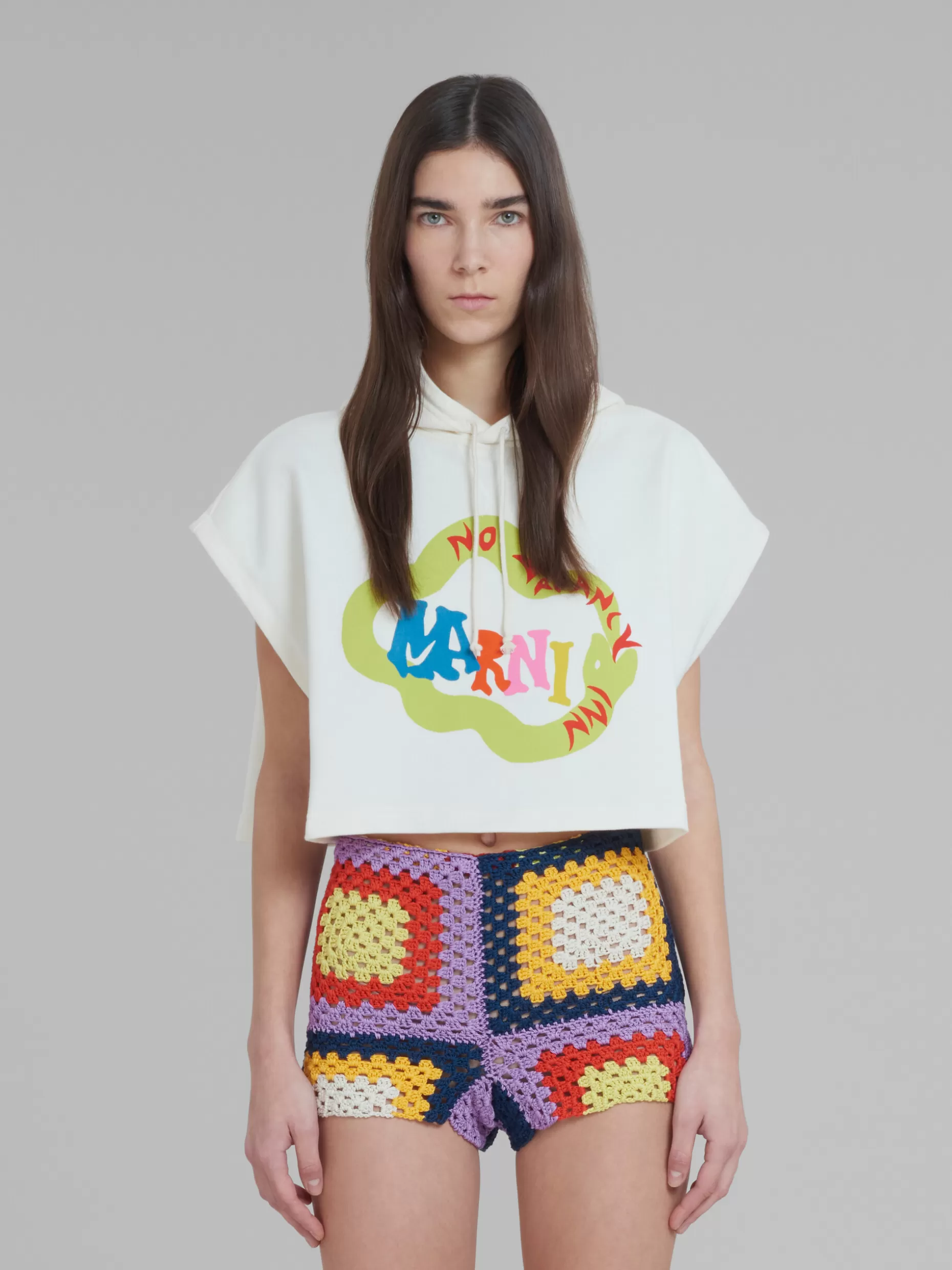Women Marni X No Vacancy Inn - Cropped White Sweatshirt In Bio Cotton Jersey With Snake Logo Print