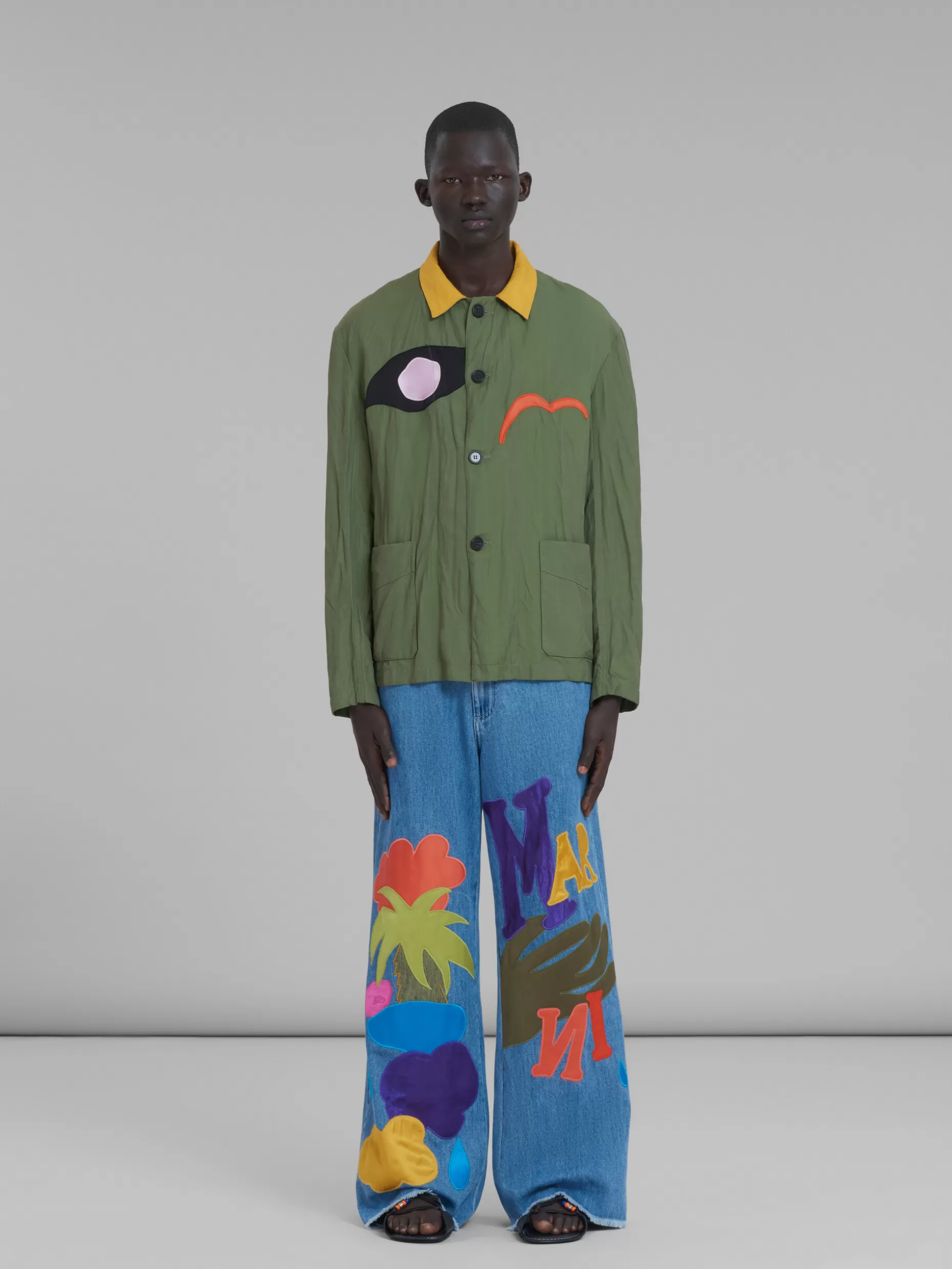 Men Marni X No Vacancy Inn - Green Gabardine Jacket With Embroidered Patches