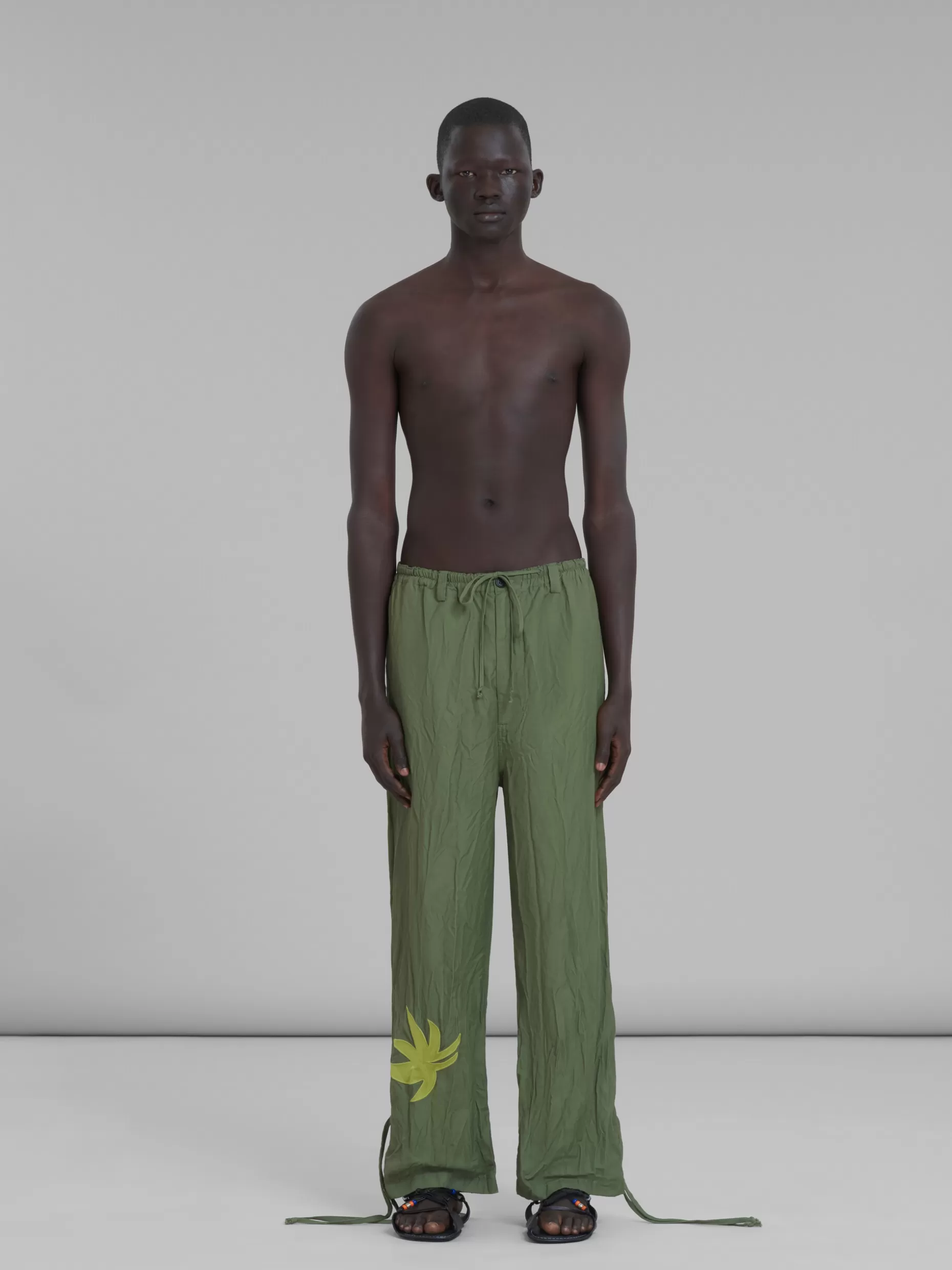 Men Marni X No Vacancy Inn - Green Gabardine Pants With Embroidery
