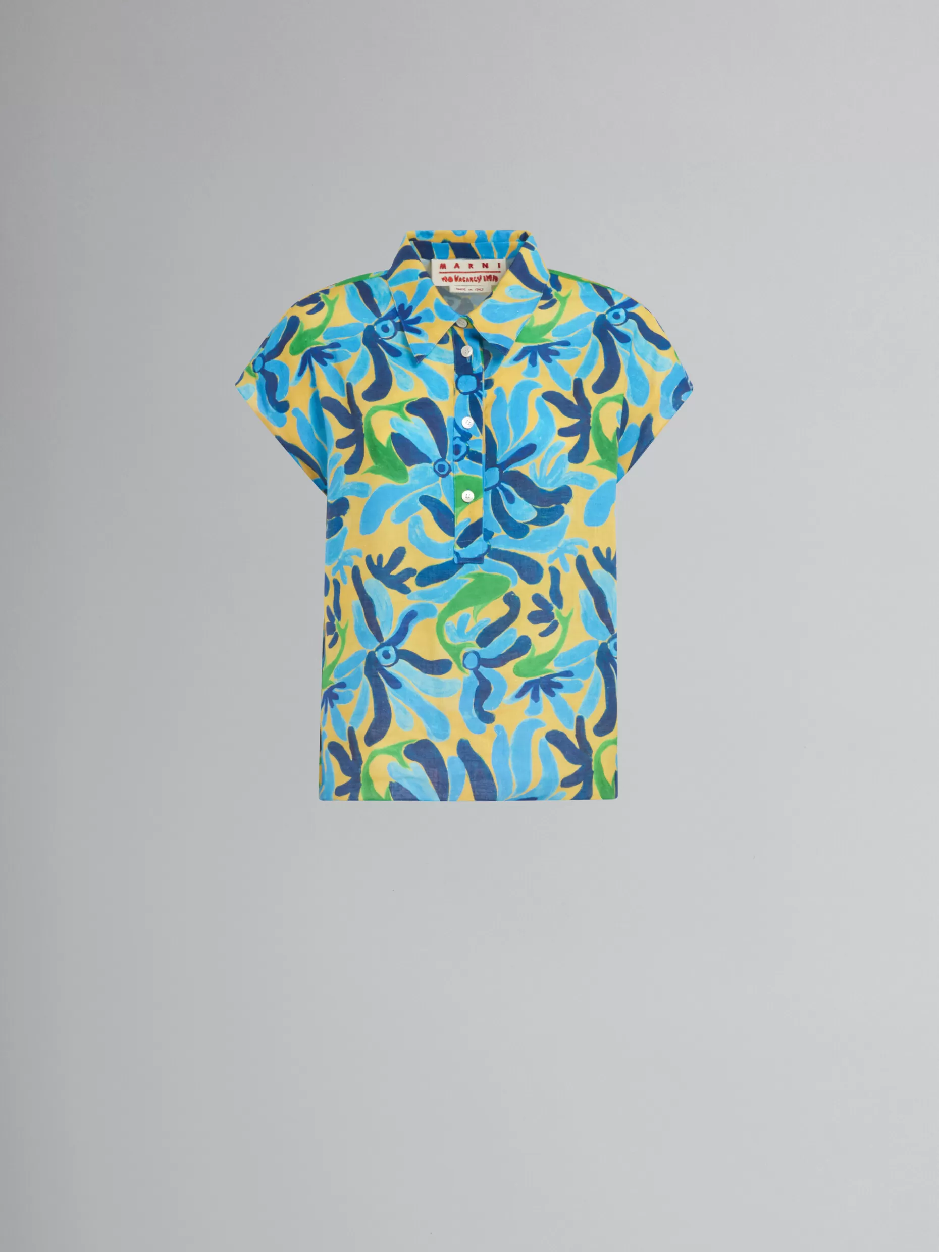 Women Marni X No Vacancy Inn - Linen And Viscose Polo Top With Chippy Fishes Print