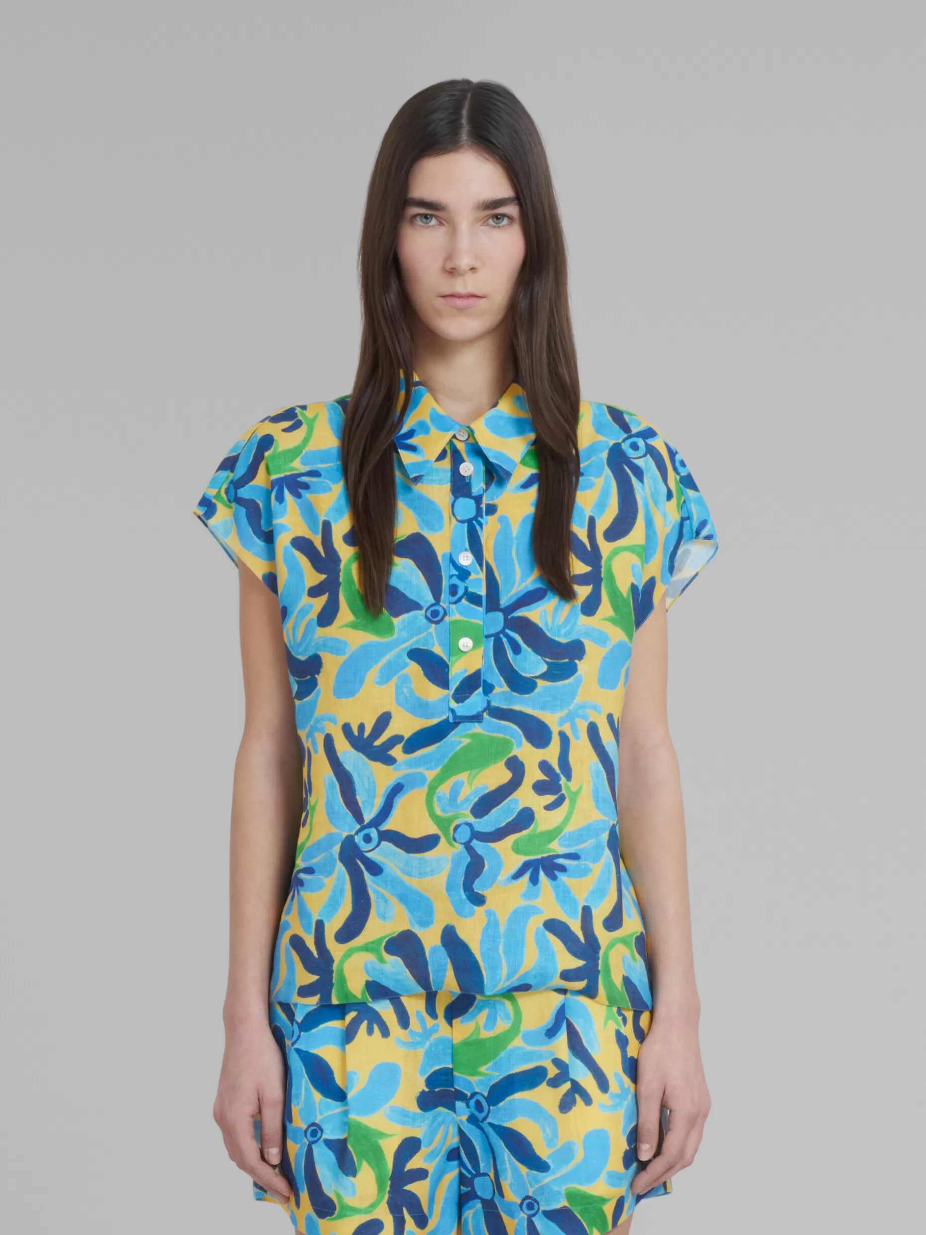 Women Marni X No Vacancy Inn - Linen And Viscose Polo Top With Chippy Fishes Print