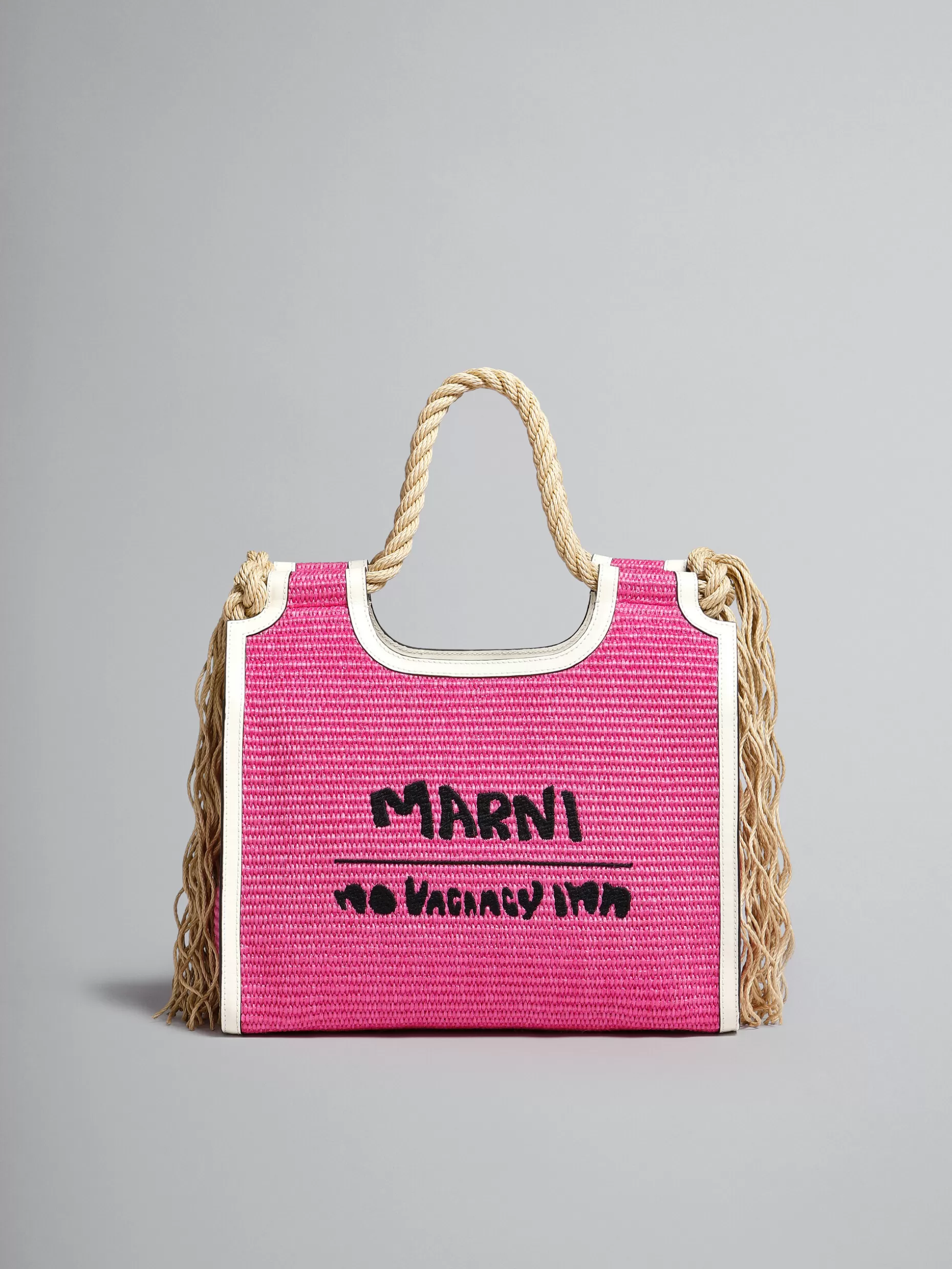 Women Marni X No Vacancy Inn - Marcel Tote Bag In Pink Raffia With White Trims
